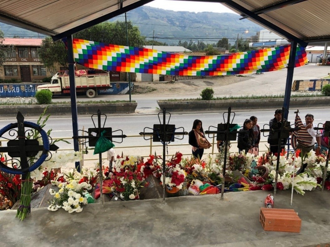 A memorial site with flowers by a roadside
