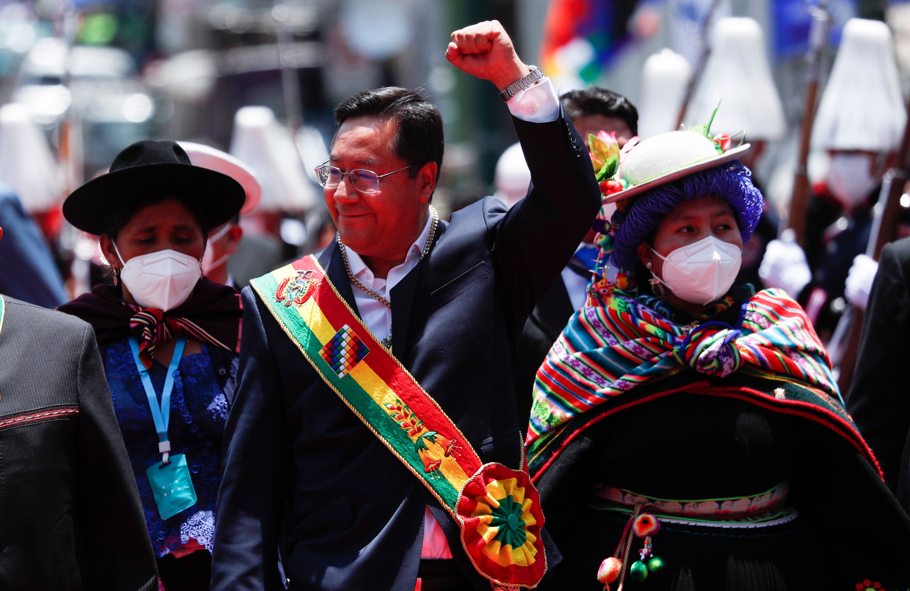 Bolivia's new President Luis Arce leaves the Congress on his inauguration day in La Paz, Bolivia, Sunday, Nov. 8, 2020.