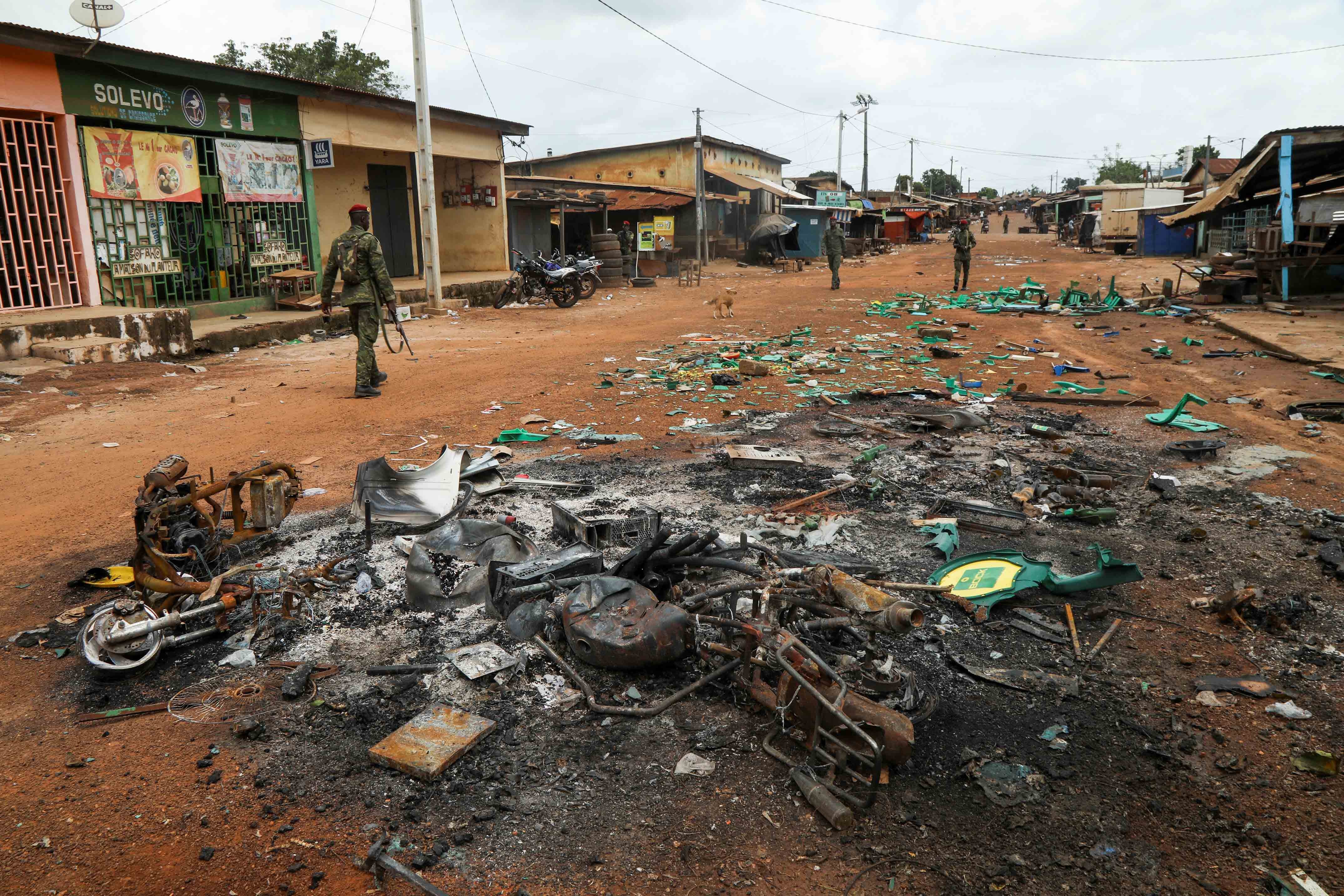 Ivorian soldiers patrol the town of M’Batto after intercommunal clashes on November 9 and 10 following Côte d’Ivoire's October 31 presidential election, November 12, 2020. 
