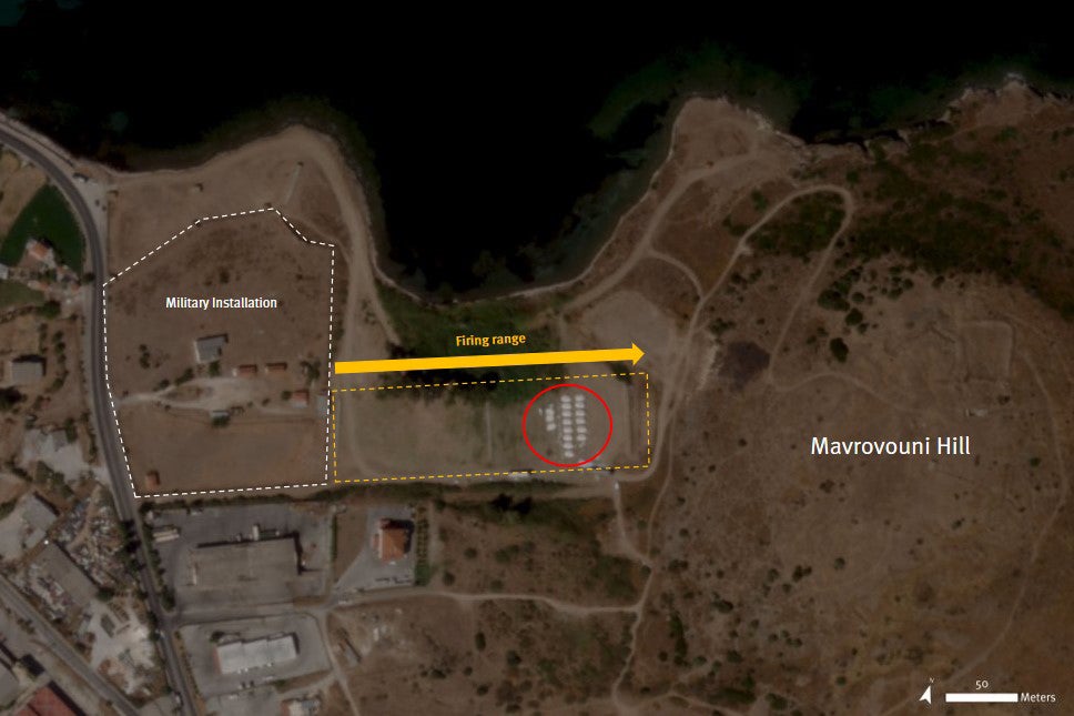 Mavrovouni camp with at least 200 tents located on the former firing range strip. 