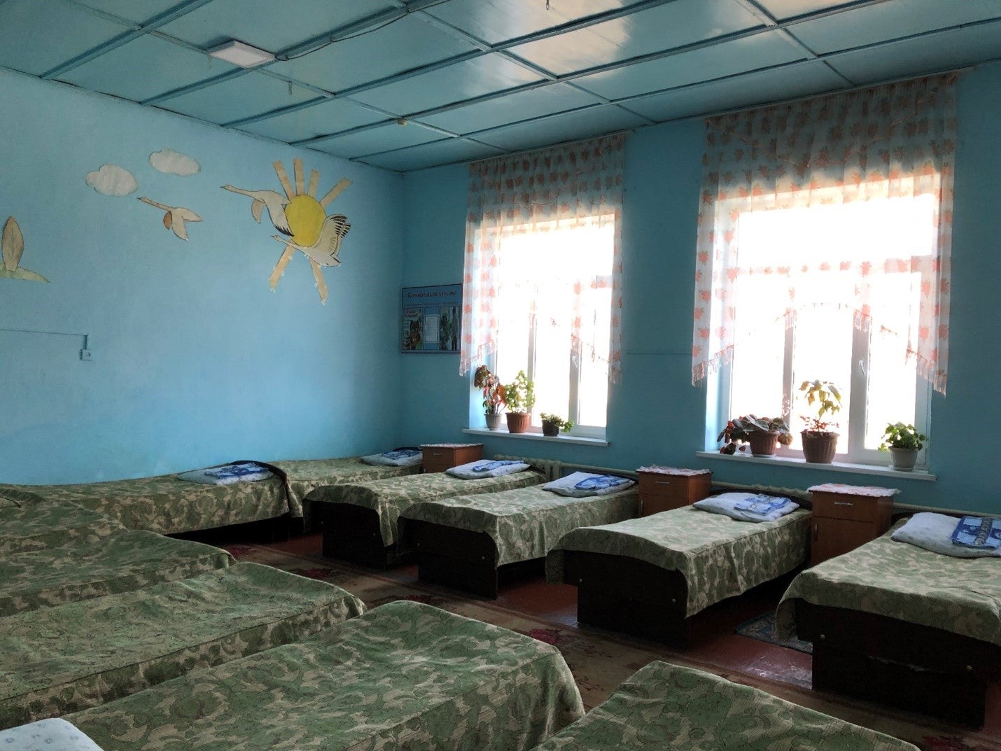 Rows of empty beds in a room