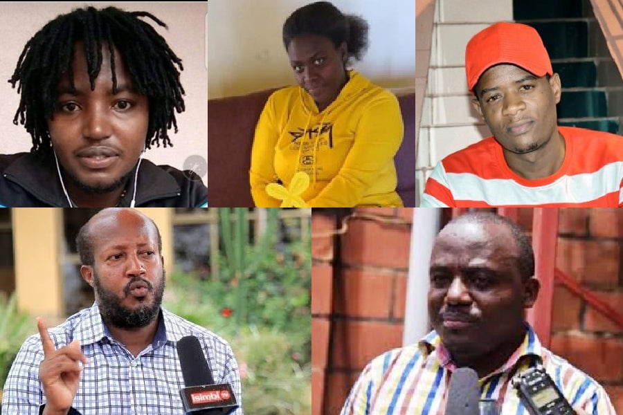De haut en bas, de gauche à droite : Innocent Bahati, Yvonne Idamange, Dieudonné Niyonsenga (alias Cyuma Hassan), Aimable Karasira et Theoneste Nsengimana.