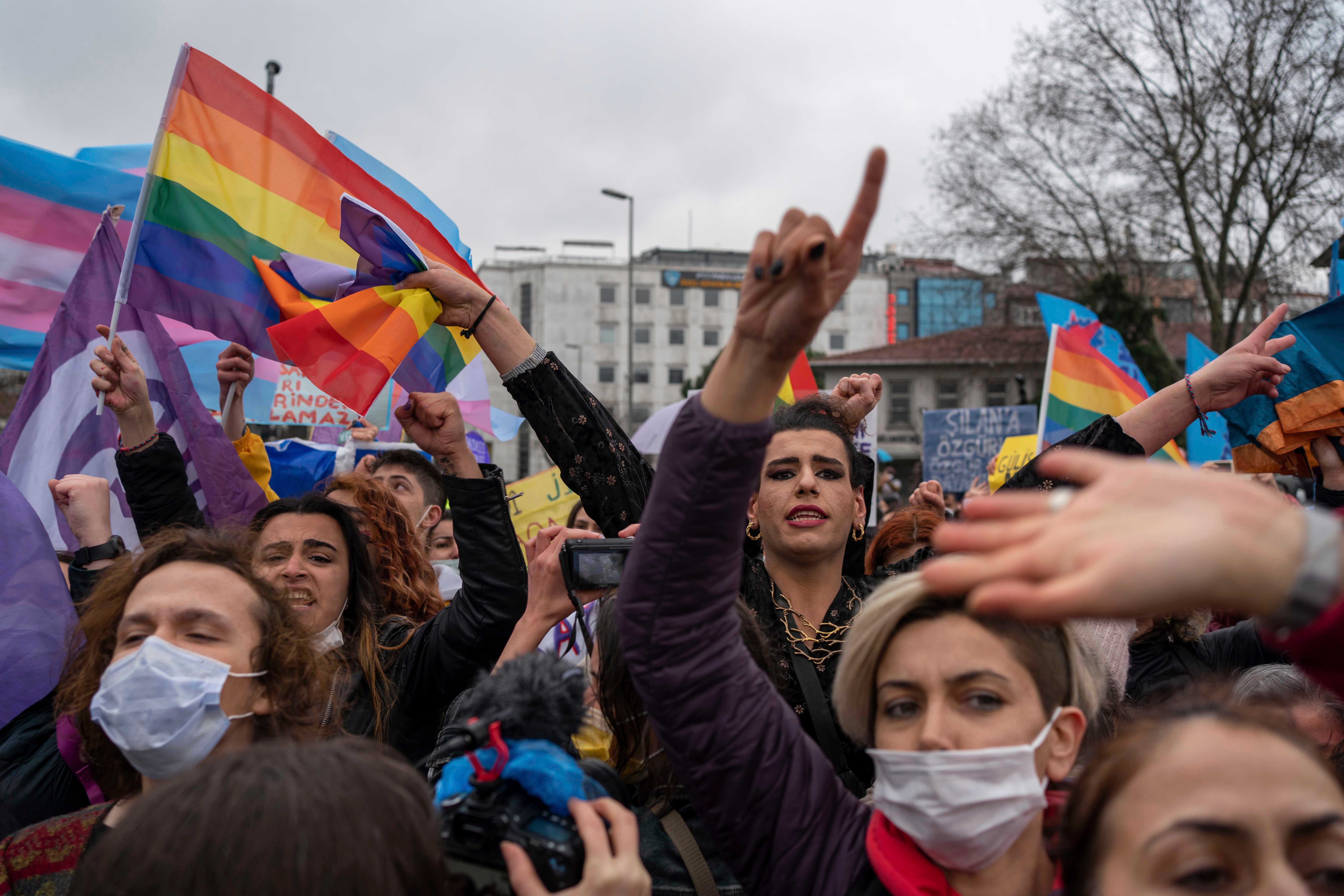 Women and the LGBTQI community celebrate the upcoming International Women's Day in Istanbul, Turkey on March 6, 2021.