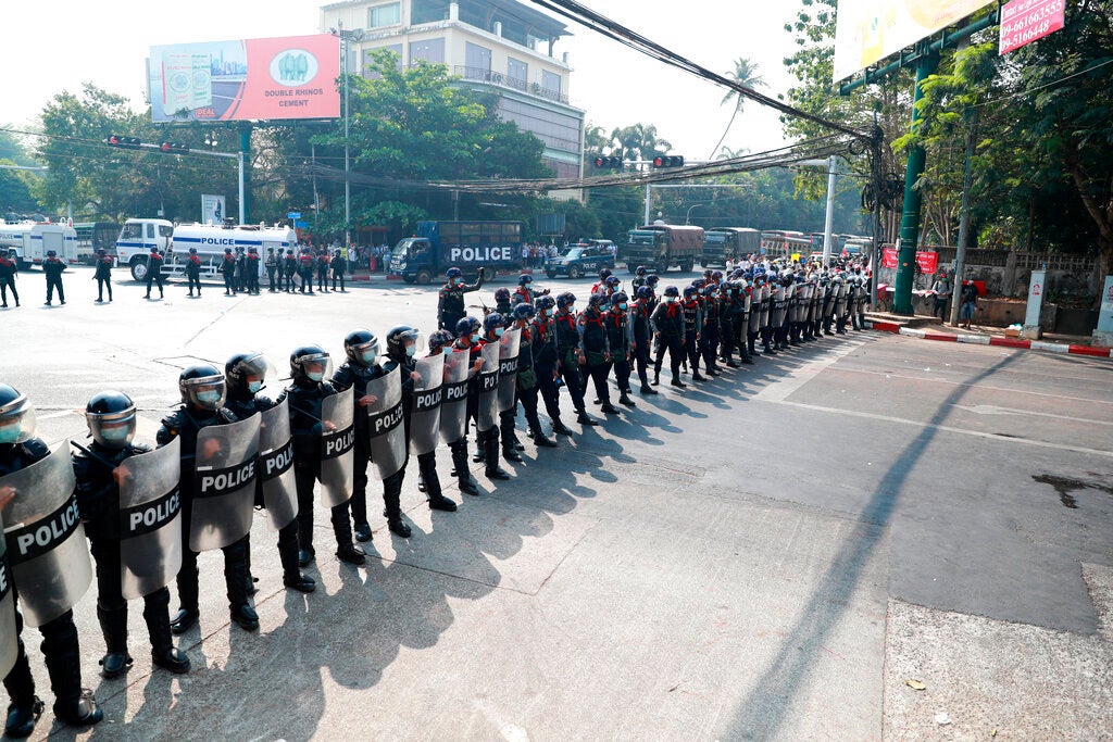 Myanmar police block a road near the US embassy in Yangon, Myanmar, February 22, 2021.