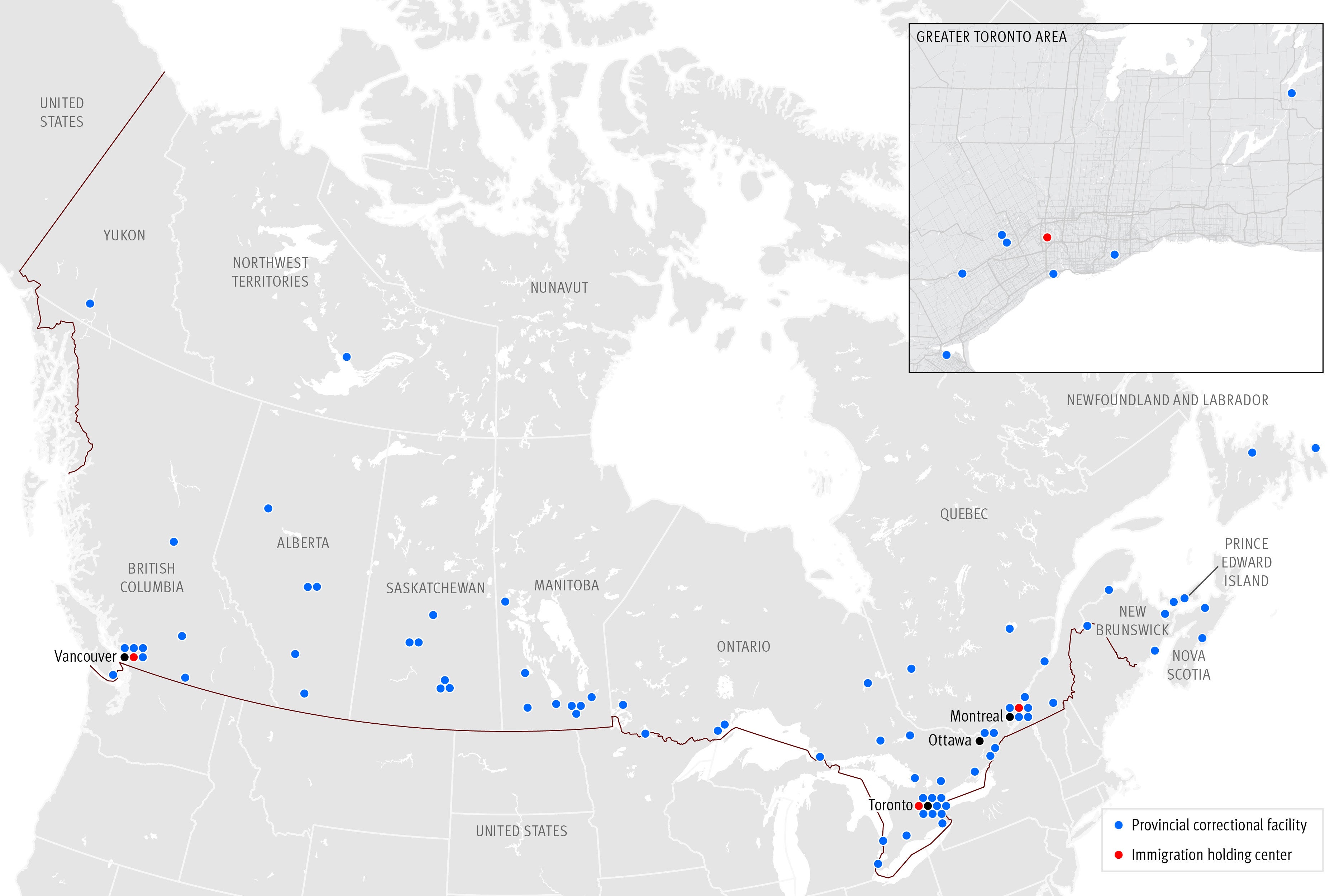 Map of Canada showing provincial correctional facilities and immigration holding centers