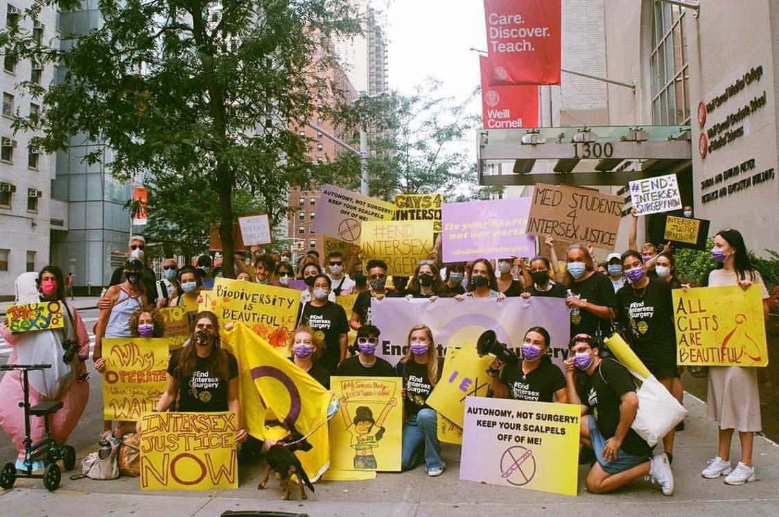 Demonstrators gather for an #EndIntersexSurgery protest outside Weill-Cornell hospital in New York City in August 2021. 