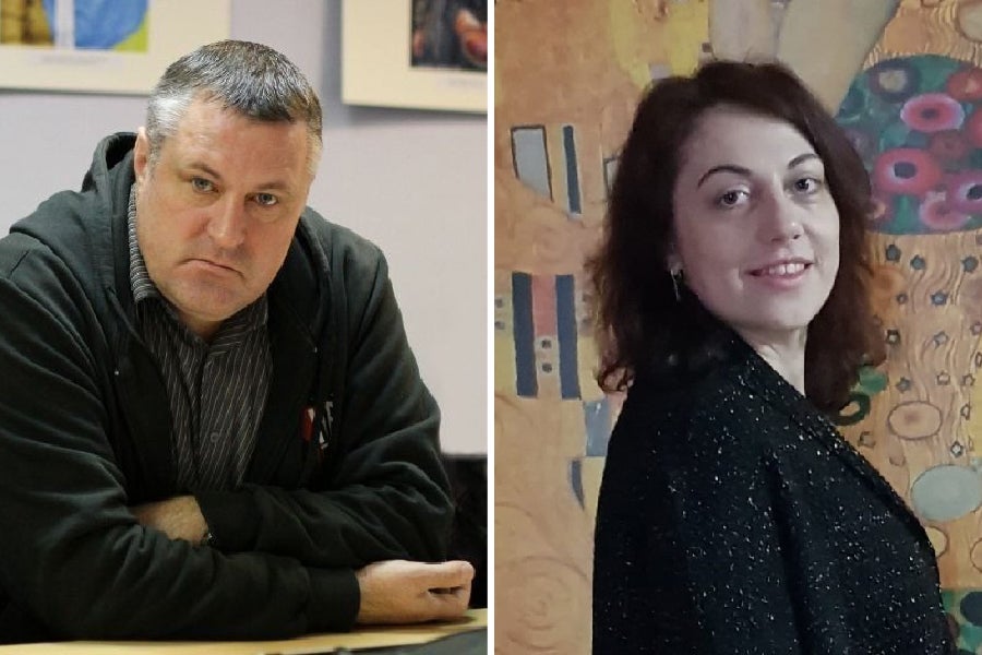 The head of Viasna’s Homieĺ office Leanid Sudalenka and Viasna’s volunteer Tatsiana Lasitsa.