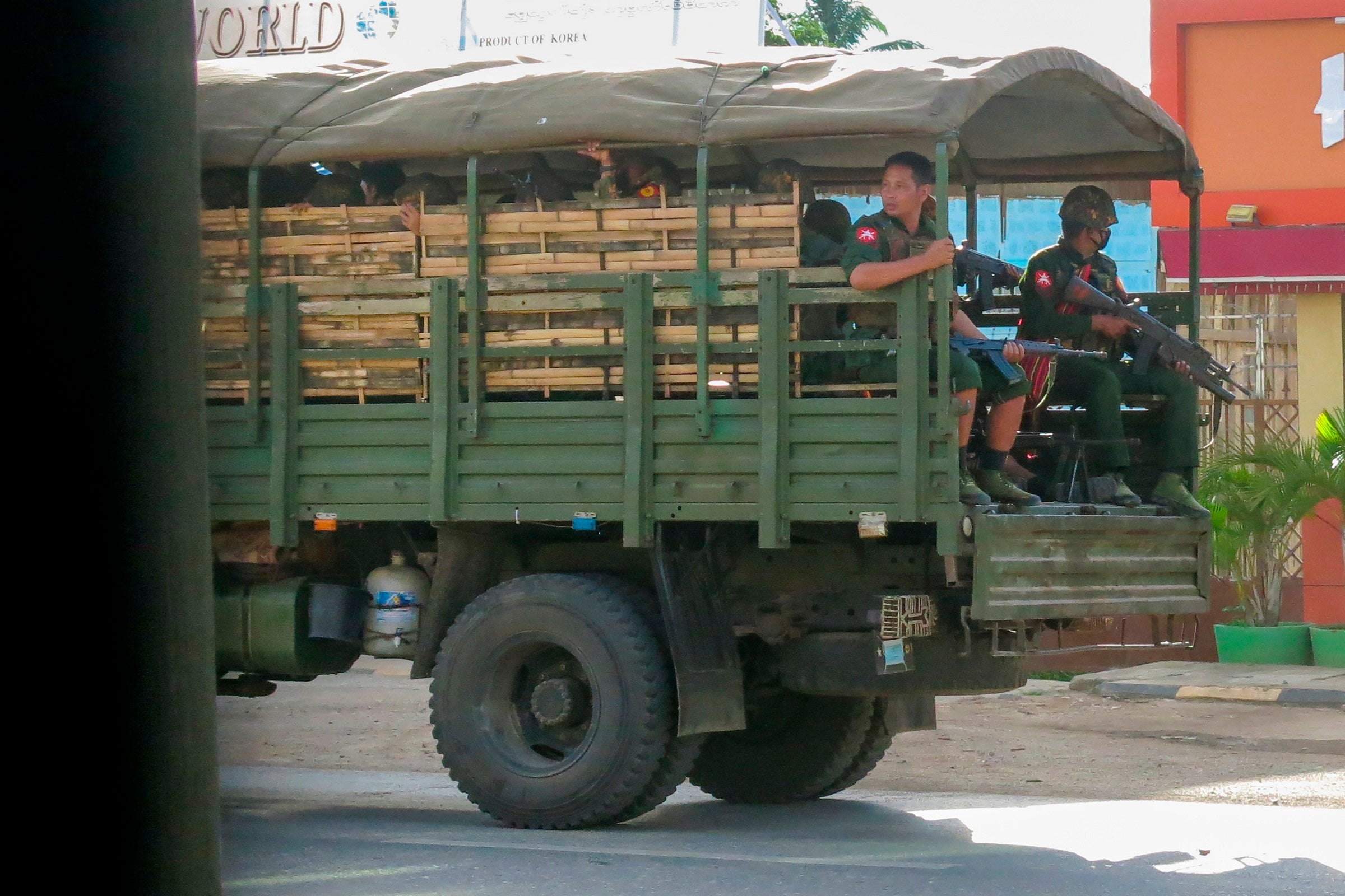 Military troops and police on patrol in Karenni State, Myanmar, May 23, 2021.