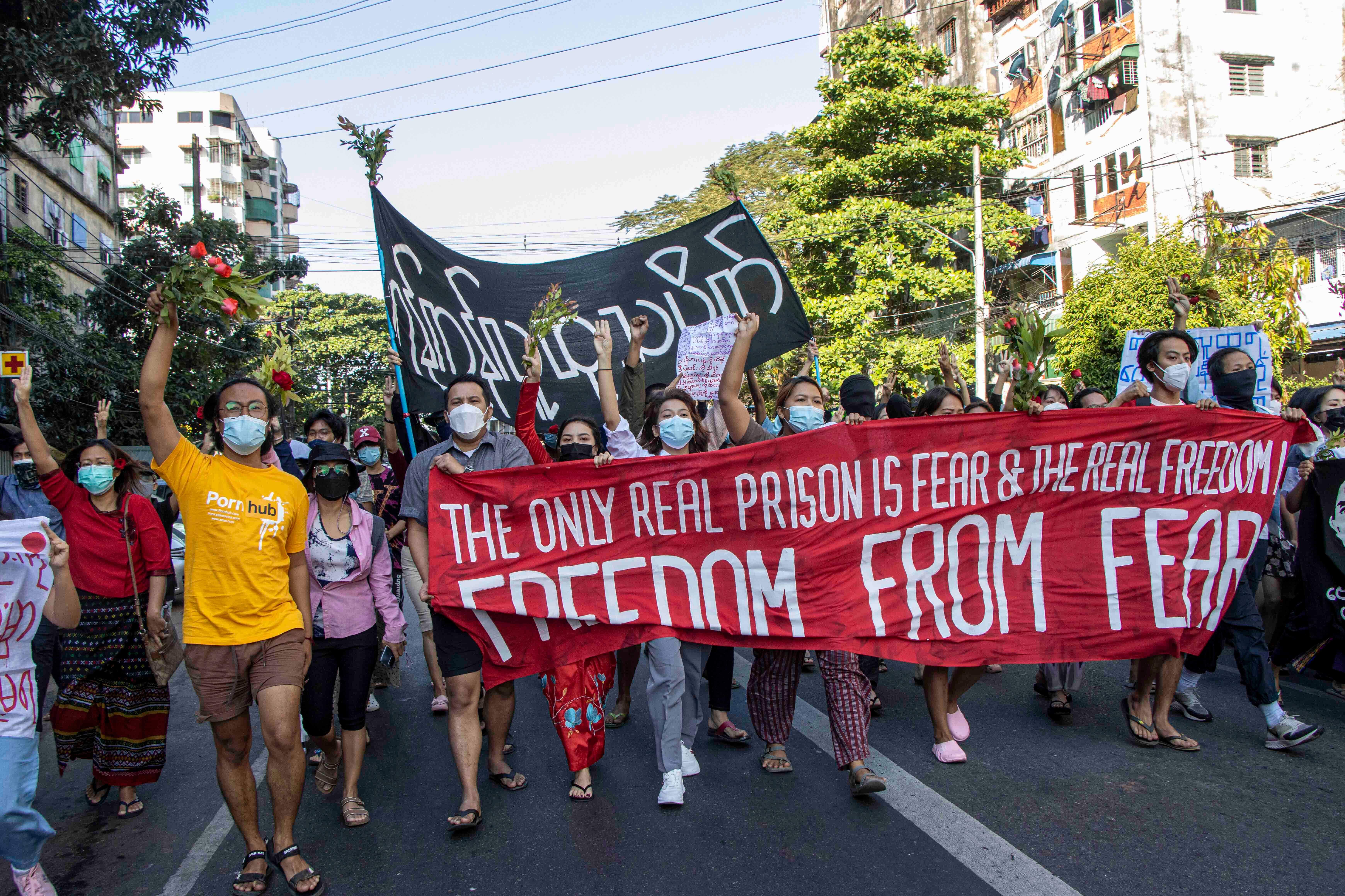 Demonstrators in Yangon protest the military coup in Myanmar