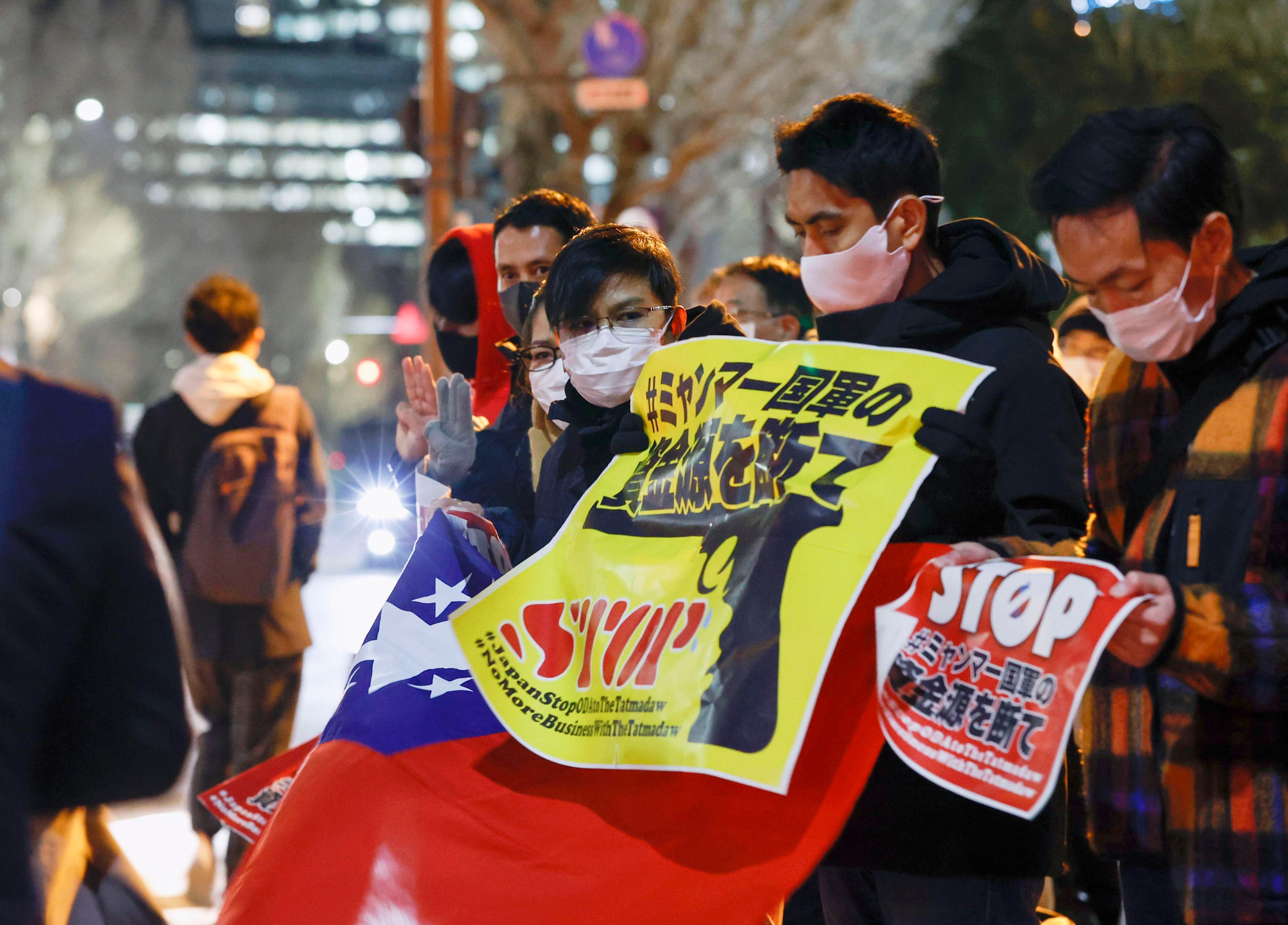 Myanmar people living in Japan protest against military rule in their country on the first anniversary of the coup, outside the Japanese prime minister's office in Tokyo, February 1, 2022.