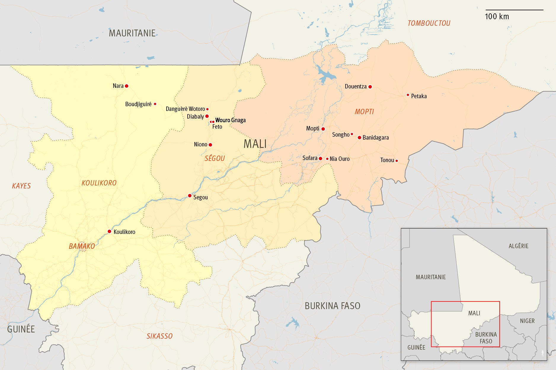Carte du Mali montrant divers sites d’exécutions sommaires présumées de civils, de décembre 2021 à mars 2022.
