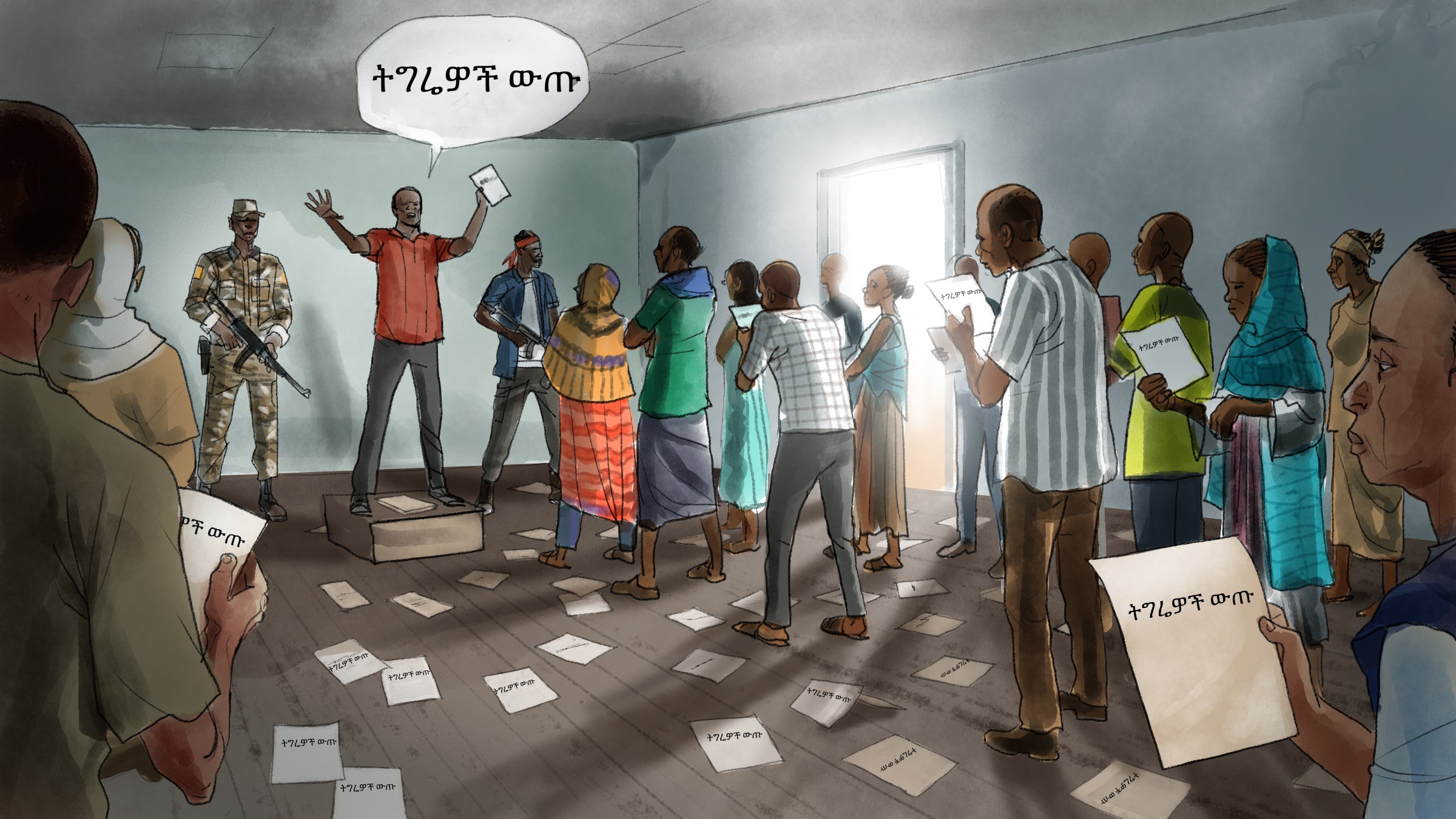 Illustration of people holding pamphlets