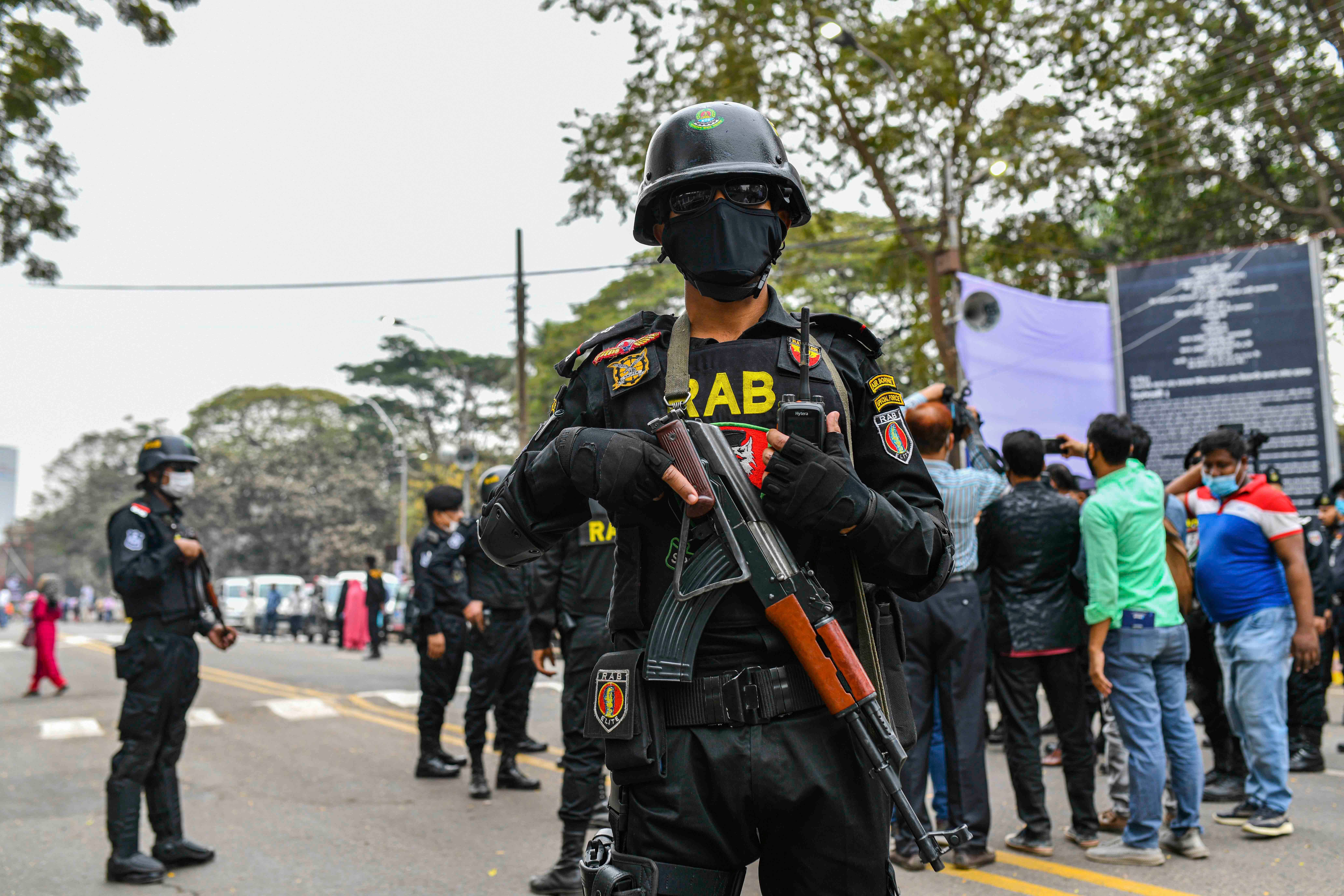 RAB members in front of Central Shaheed Minar in Dhaka, Bangladesh, February 20, 2021. 