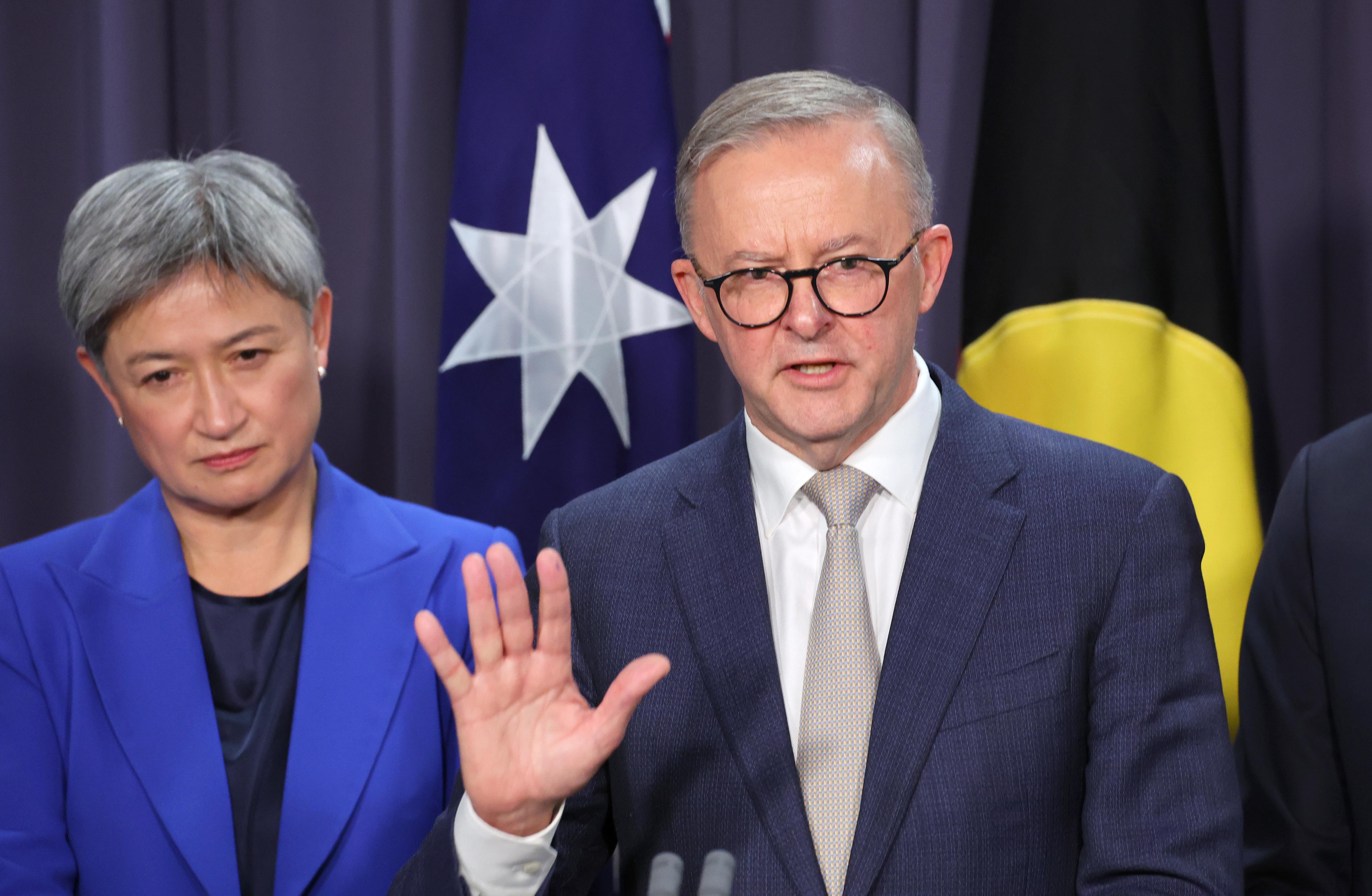 Prime Minister Anthony Albanese speaks next to newly appointed Foreign Minister Penny Wong during a press conference at Parliament House on May 23, 2022 in Canberra, Australia.