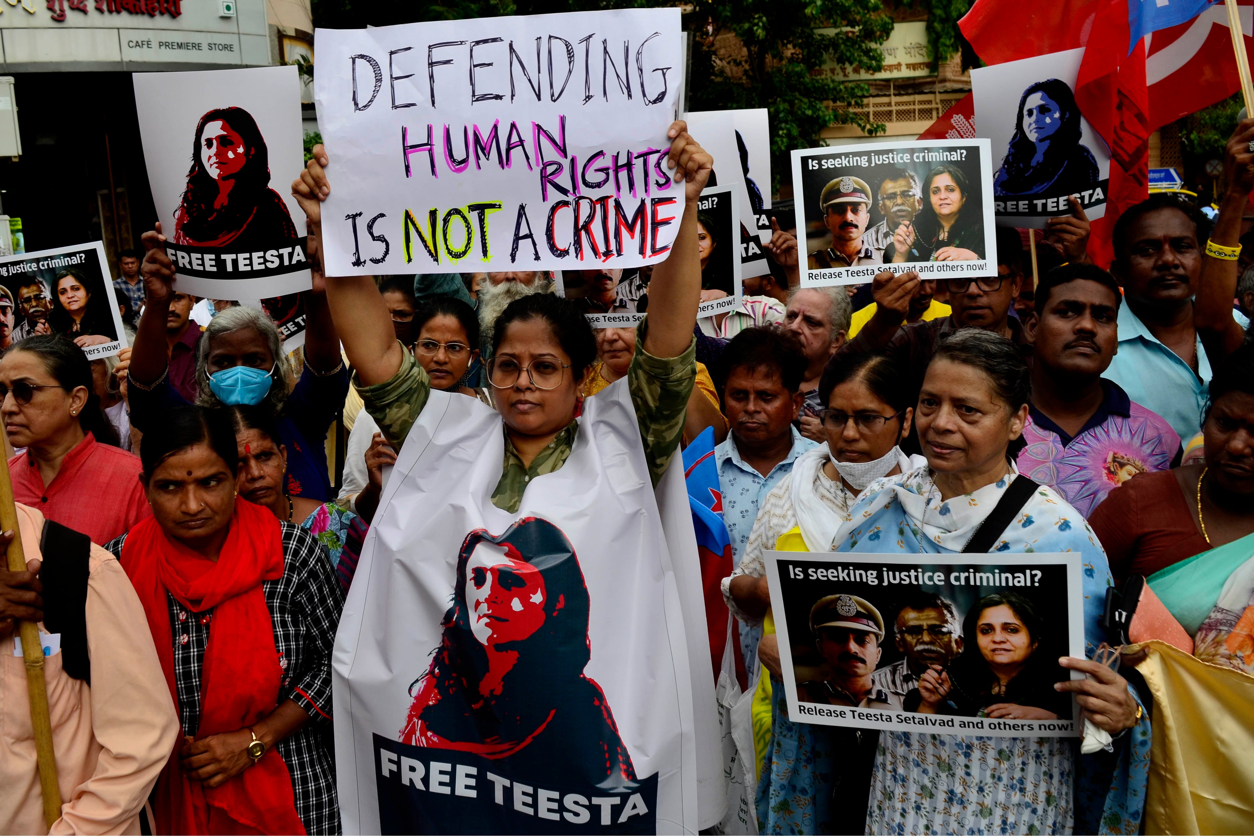 Protestors demand the release of activist Teesta Setalvad after she was arrested in Mumbai, India.