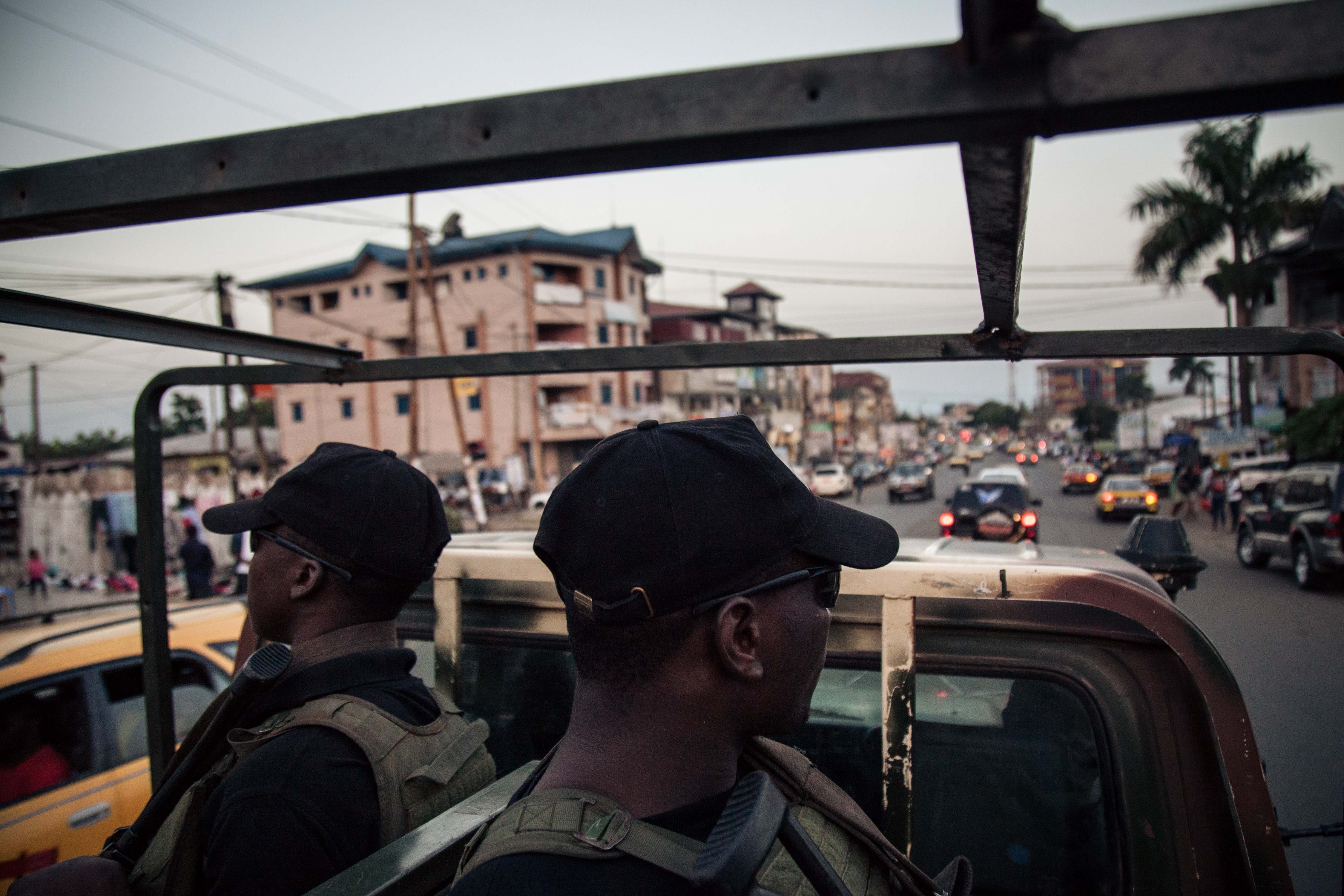 Soldiers of the 21st Motorized Infantry Brigade patrol in the streets of Buea, South-West Region of Cameroon on April 26, 2018. 