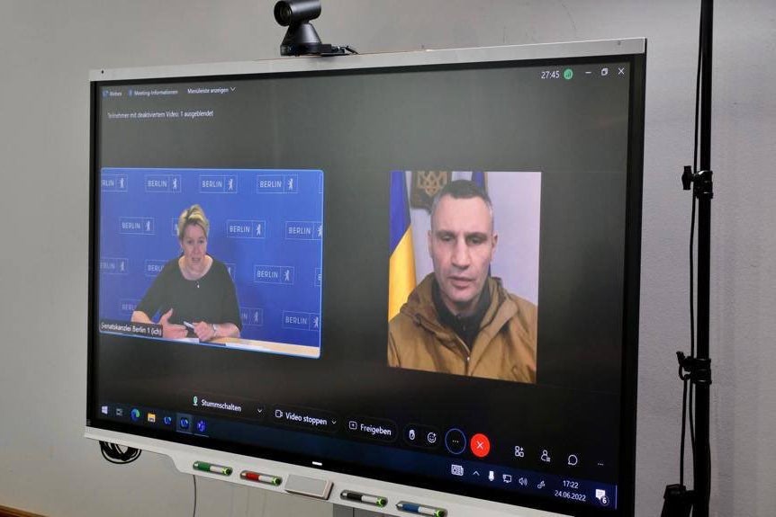 Video conference call on a monitor