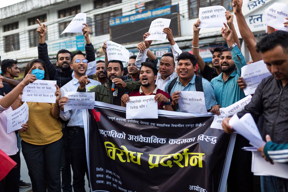 Student activists protest against President Bidya Bhandari’s unwillingness to endorse the Citizenship Bill that was passed by parliament.
