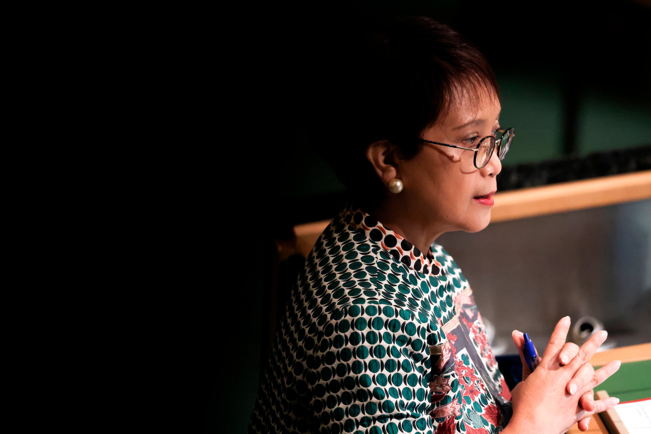 印尼外交部长蕾特诺・马尔苏迪（Retno Lestari Priansari Marsudi）在联合国大会第77届会议致词，美国纽约联合国总部，2022年9月26日。