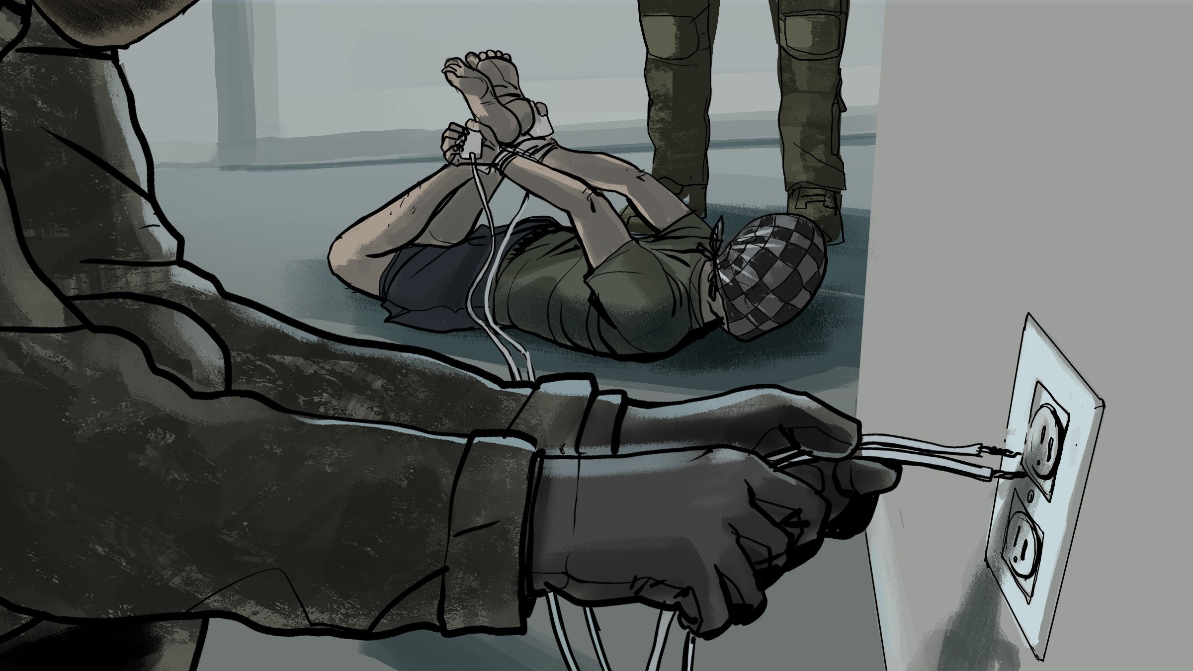 «Олександр» описав положення, яке його змусили прийняти, як «позу павука»: солдати змусили його лягти на груди і прив’язали руки до ніг за спиною. Потім вони вклали йому в руки електроди та били електричним струмом. 