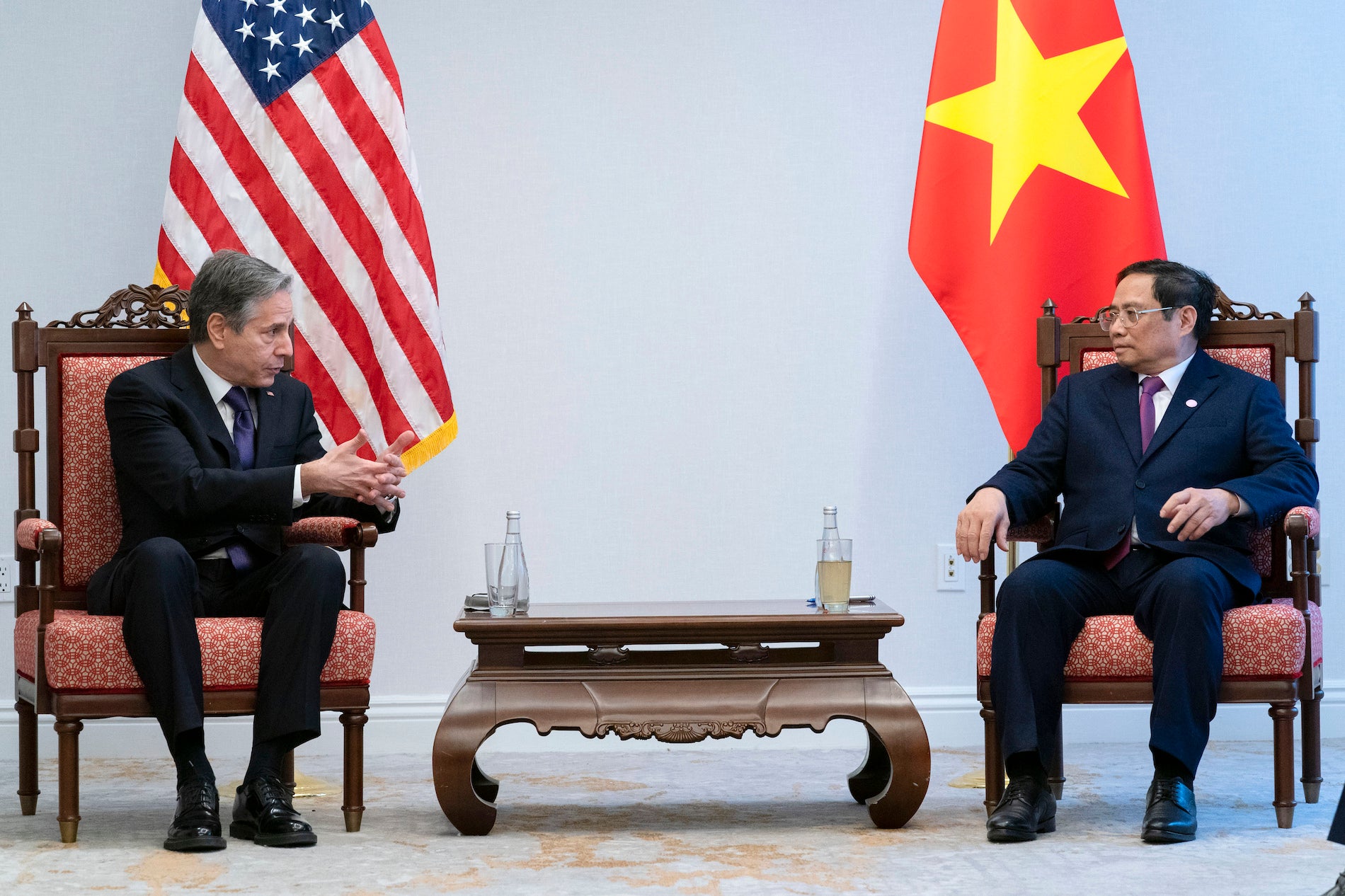 US Secretary of State Antony Blinken, left, meets with Vietnamese Prime Minister Pham Minh Chinh.