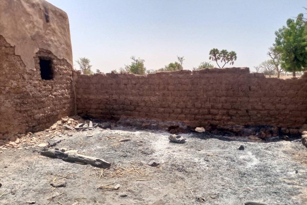 An animal pen burned by apparent Burkinabé soldiers on April 20, 2023 in the village of Karma, Yatenga province in northern Burkina Faso, April 27, 2023. 