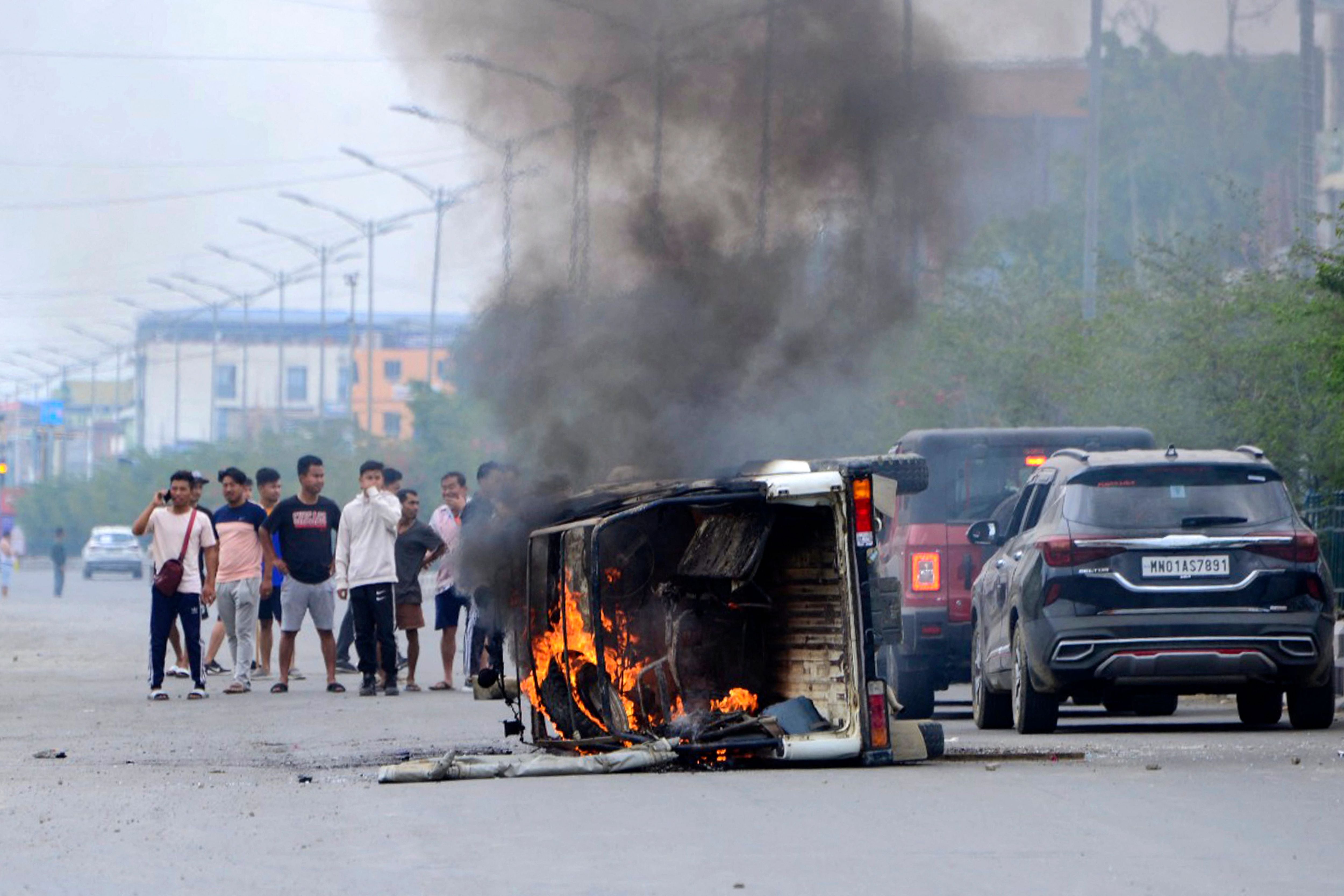 A vehicle burned during ethnic violence in Imphal, Manipur, India, May 4, 2023.