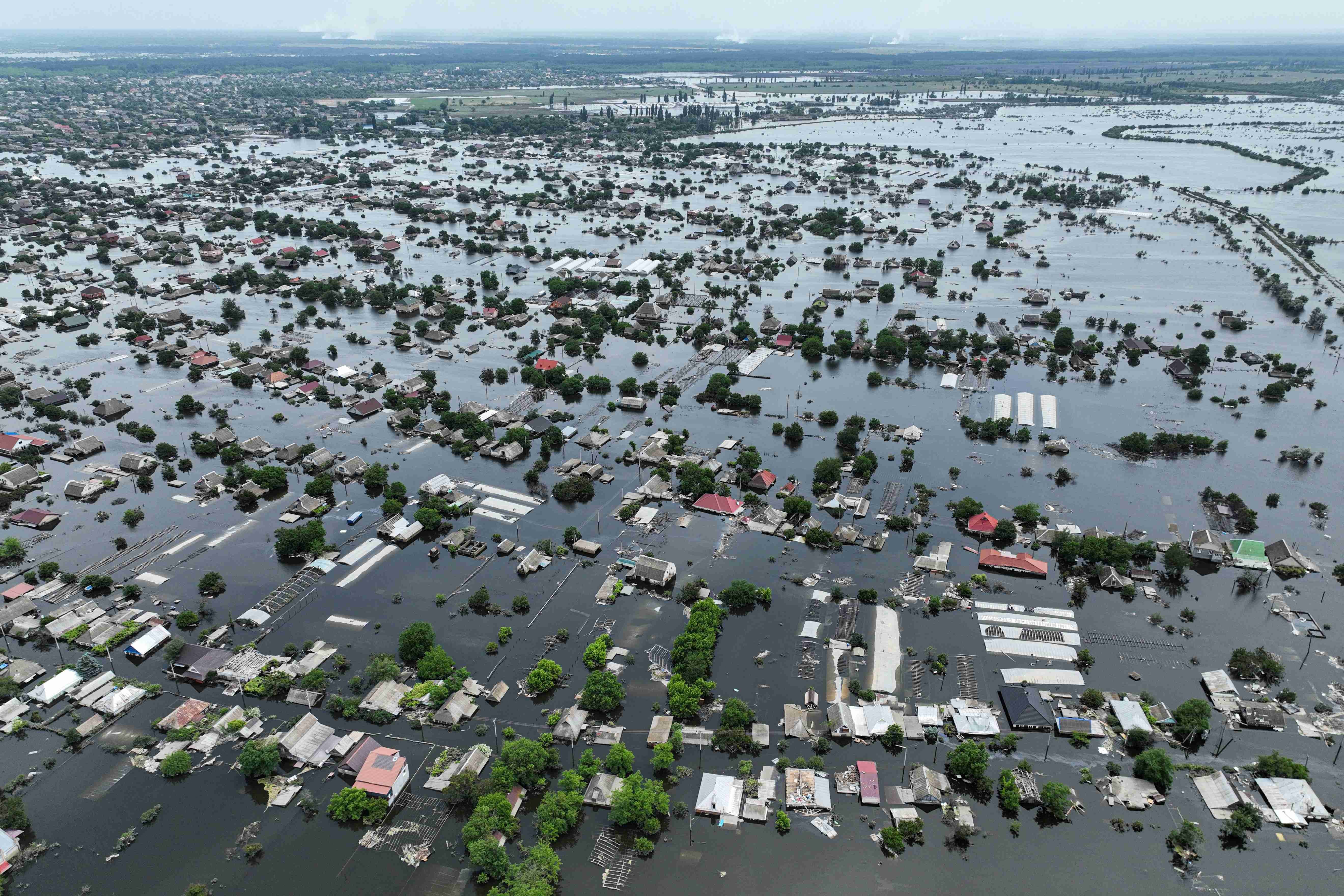 The flooded town of Oleshky, Ukraine, after the June 6 destruction of the Nova Kakhovka dam, June 10, 2023. 