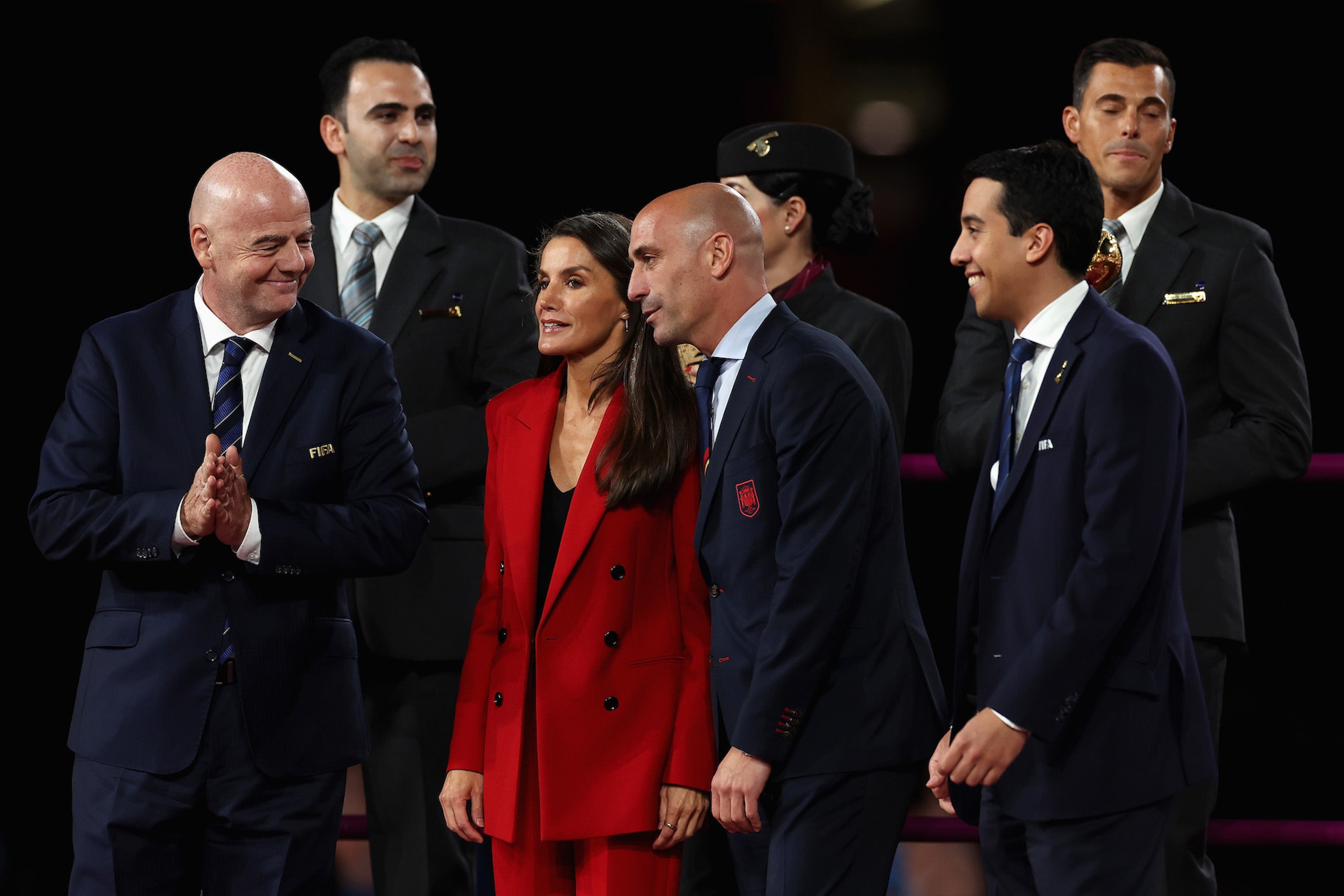  Spanish football federation president, Luis Rubiales talks to Queen Letizia of Spain on stage during the FIFA Women's World Cup Australia & New Zealand 2023 Final match between Spain and England at Stadium Australia on August 20, 2023 in Sydney, Australia.