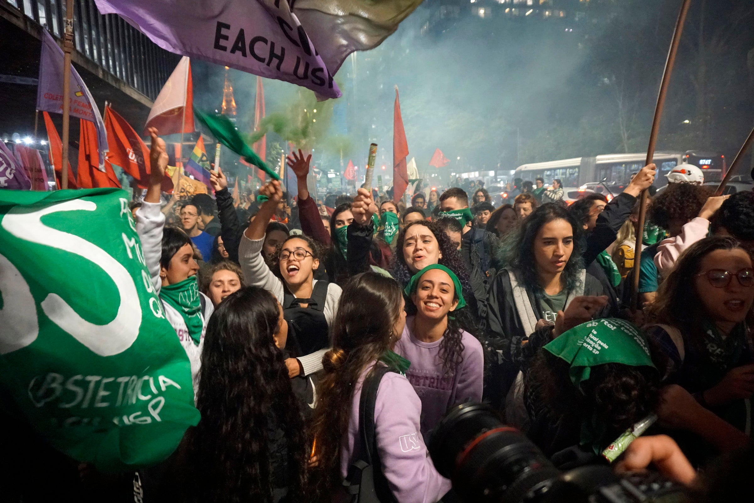 People take part in a march in defense of legal abortion on International Safe Abortion Day at Paulista Avenue in Sao Paulo, Brazil, on September 28, 2023.