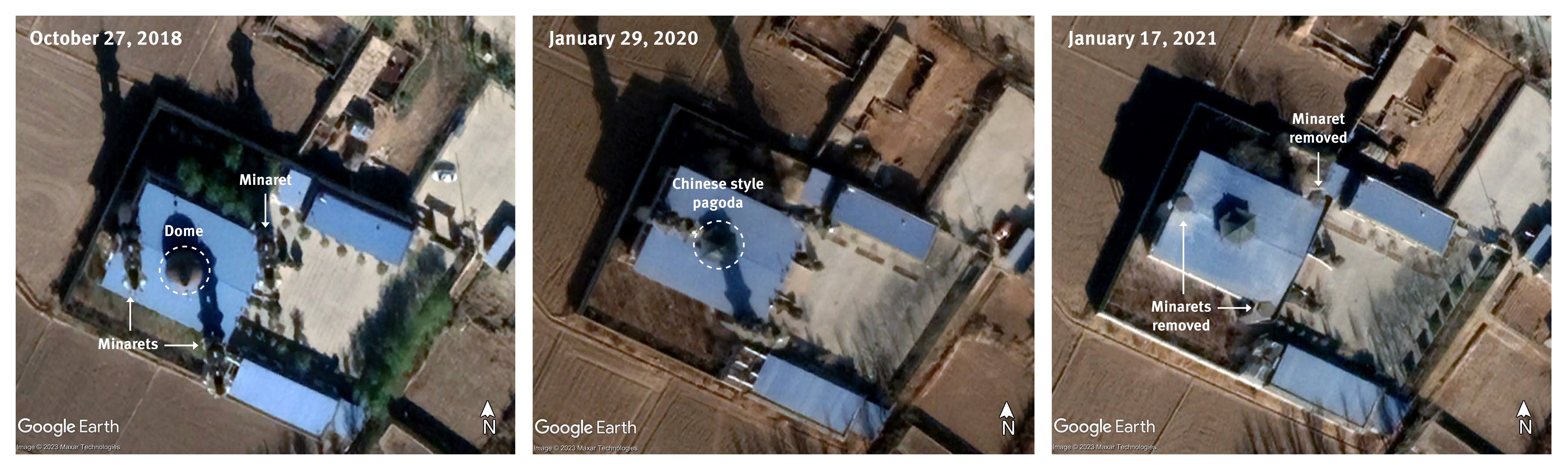 Yangzhuangzi Mosque at Liaoqiao Group 2 settlement in Liaoqiao, China (left). The round dome was replaced by Chinese style pagoda in 2019 (center). The three minarets were then removed between January and August 2020 (right).