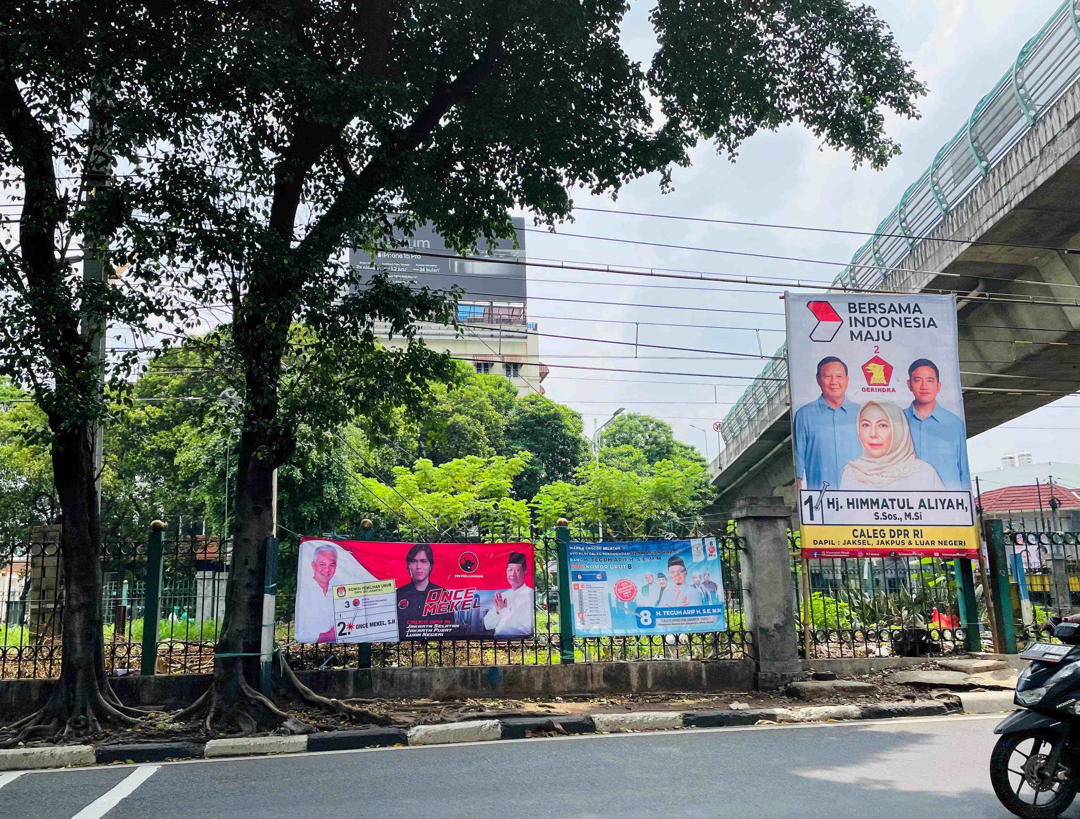 Political campaign posters dot the urban landscape in Jakarta, Indonesia in the lead up to the February 2024 election.