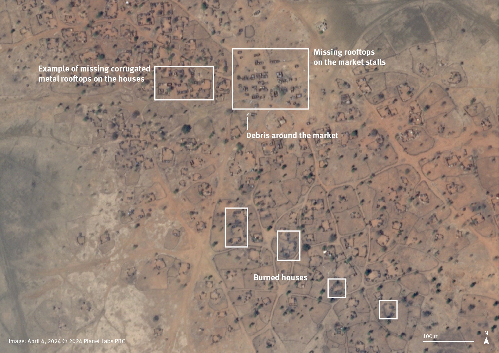 Satellite imagery comparison between September 8, 2023, and April 4, 2024, shows missing corrugated metal rooftops on the market and most of the other buildings in the town of Fayu, South Kordofan, Sudan. Debris is visible around the market as well as some burned houses in the southern part of the town. 