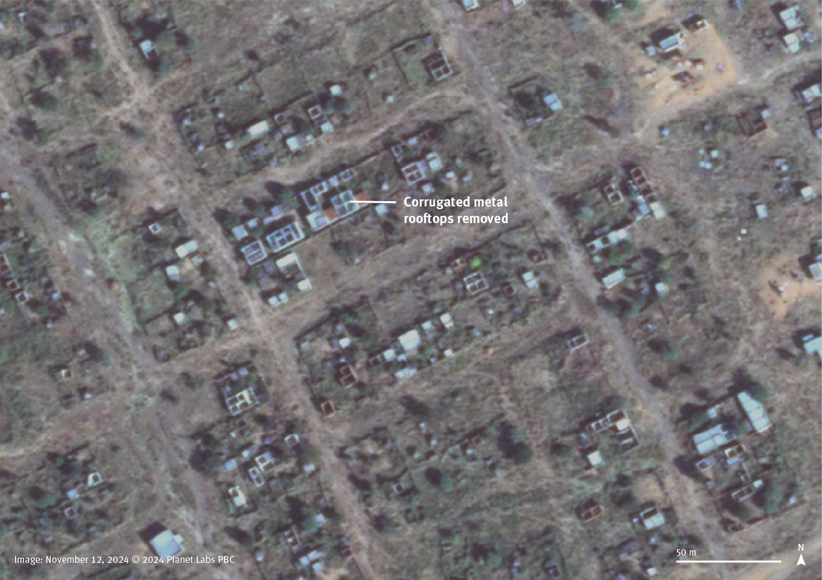Satellite imagery comparison between September 8, 2023, and November 12, 2024, shows corrugated metal rooftops are missing from the buildings in a residential area in the town of Habila, South Kordofan, Sudan.