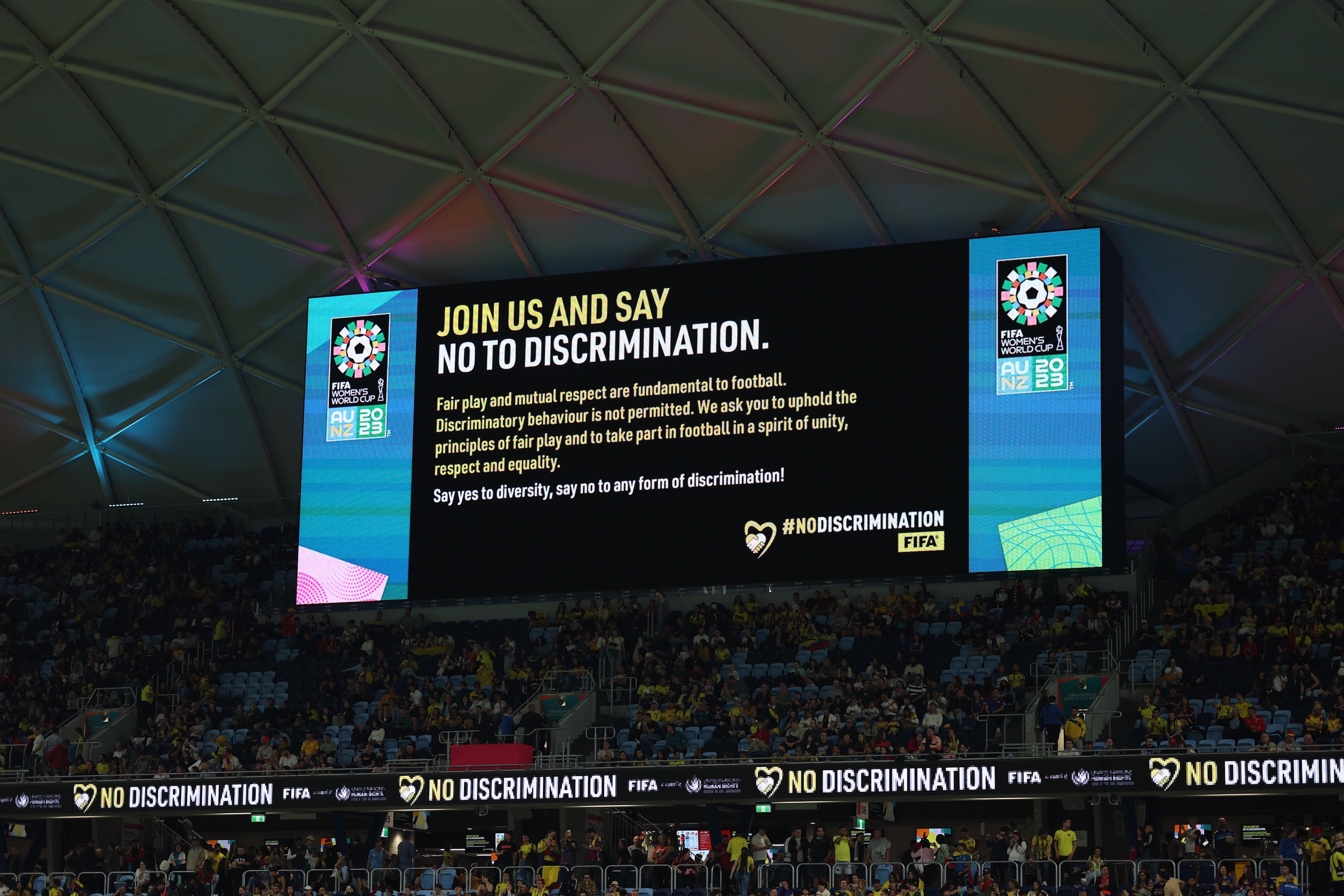  No Discrimination board during the FIFA Women's World Cup at the Sydney Football Stadium, Australia, July 30, 2023.