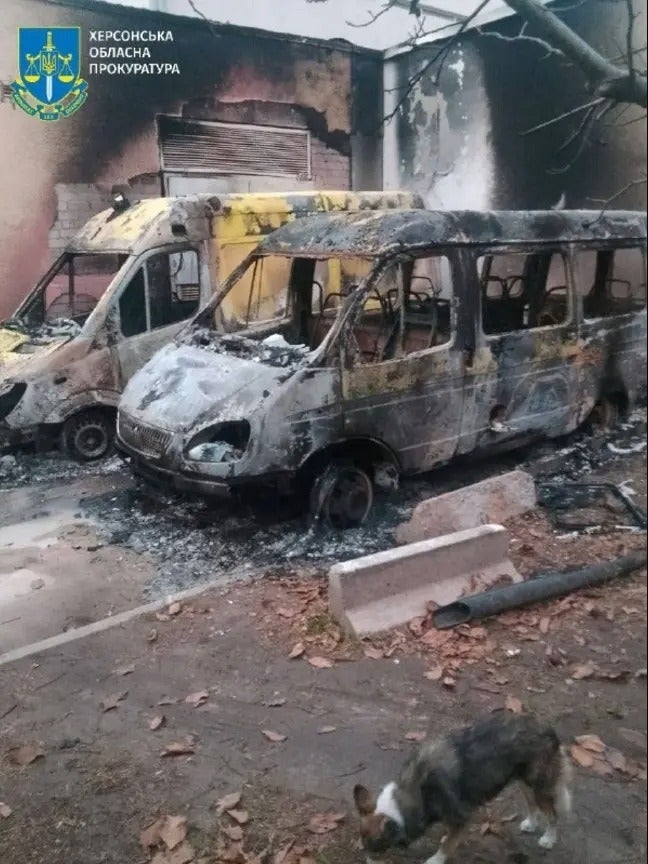 Burnt ambulances in Ukraine. 