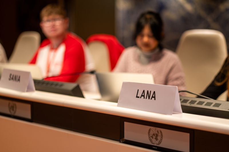 Child delegates prepare to speak at the UN Inter-Governmental Working Group session, September 2025.