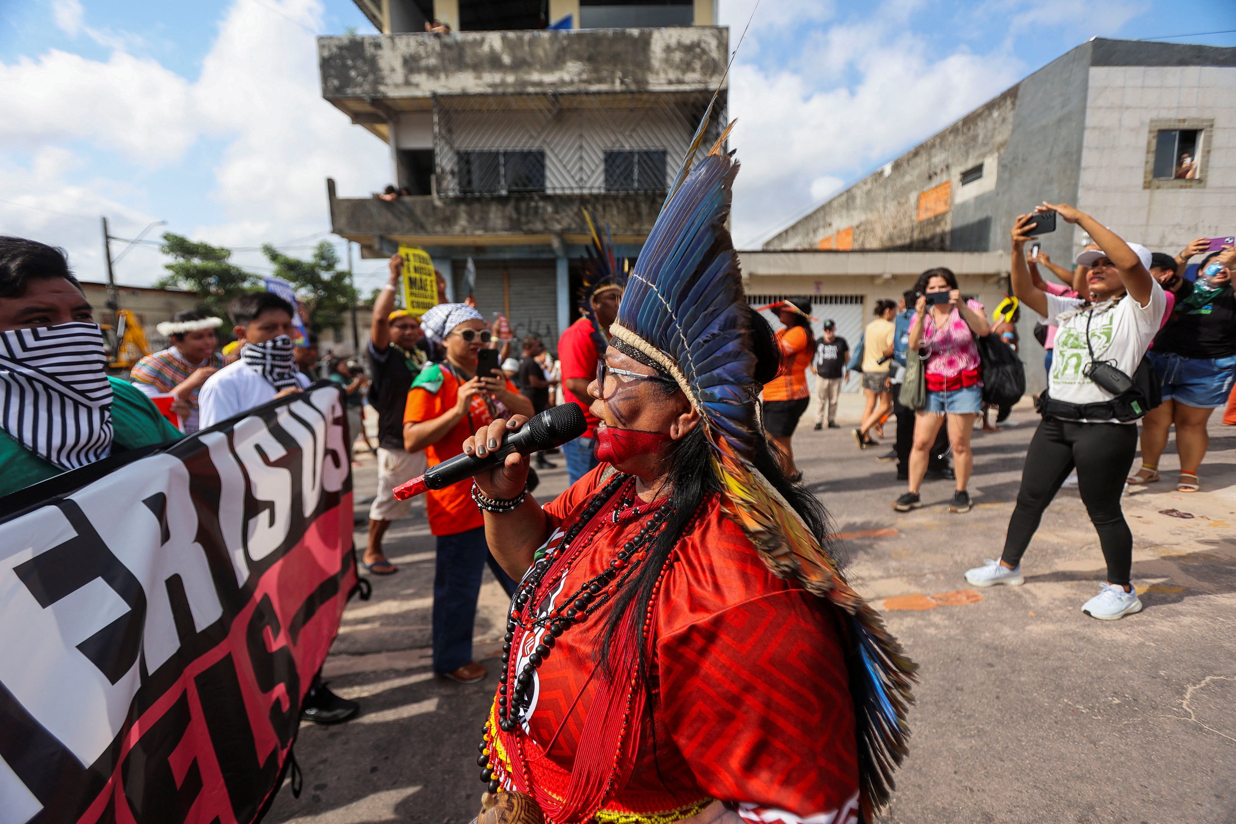 Indigenous people attend a protest to call for climate justice and territorial protection during the U.N. Climate Change Conference (COP30), in Belem, Brazil, November 17, 2025. 
