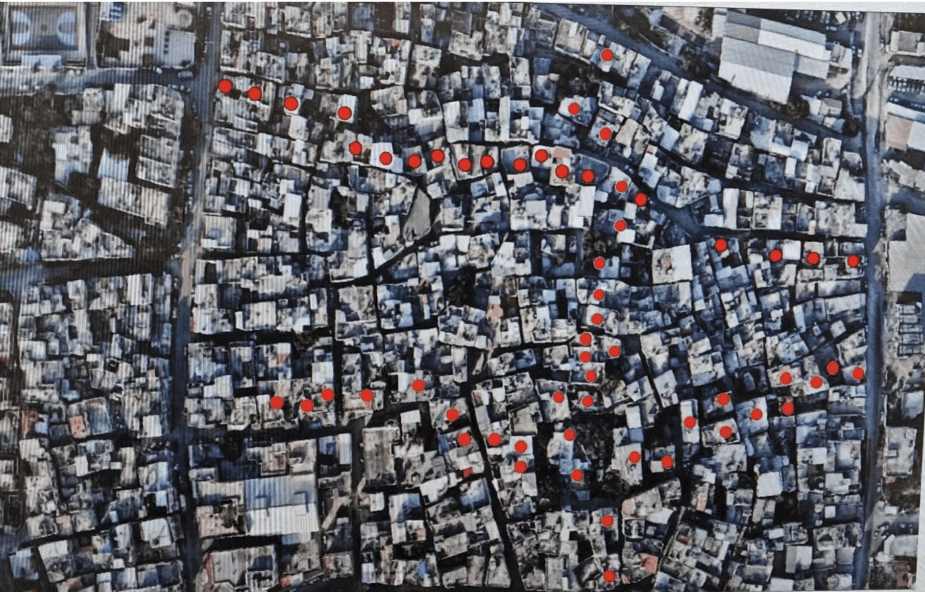 Aerial image accompanying the May 1, 2025 demolition order marking in red 58 buildings slated for demolition by the Israeli military in the Tulkarem refugee camp in the northern West Bank