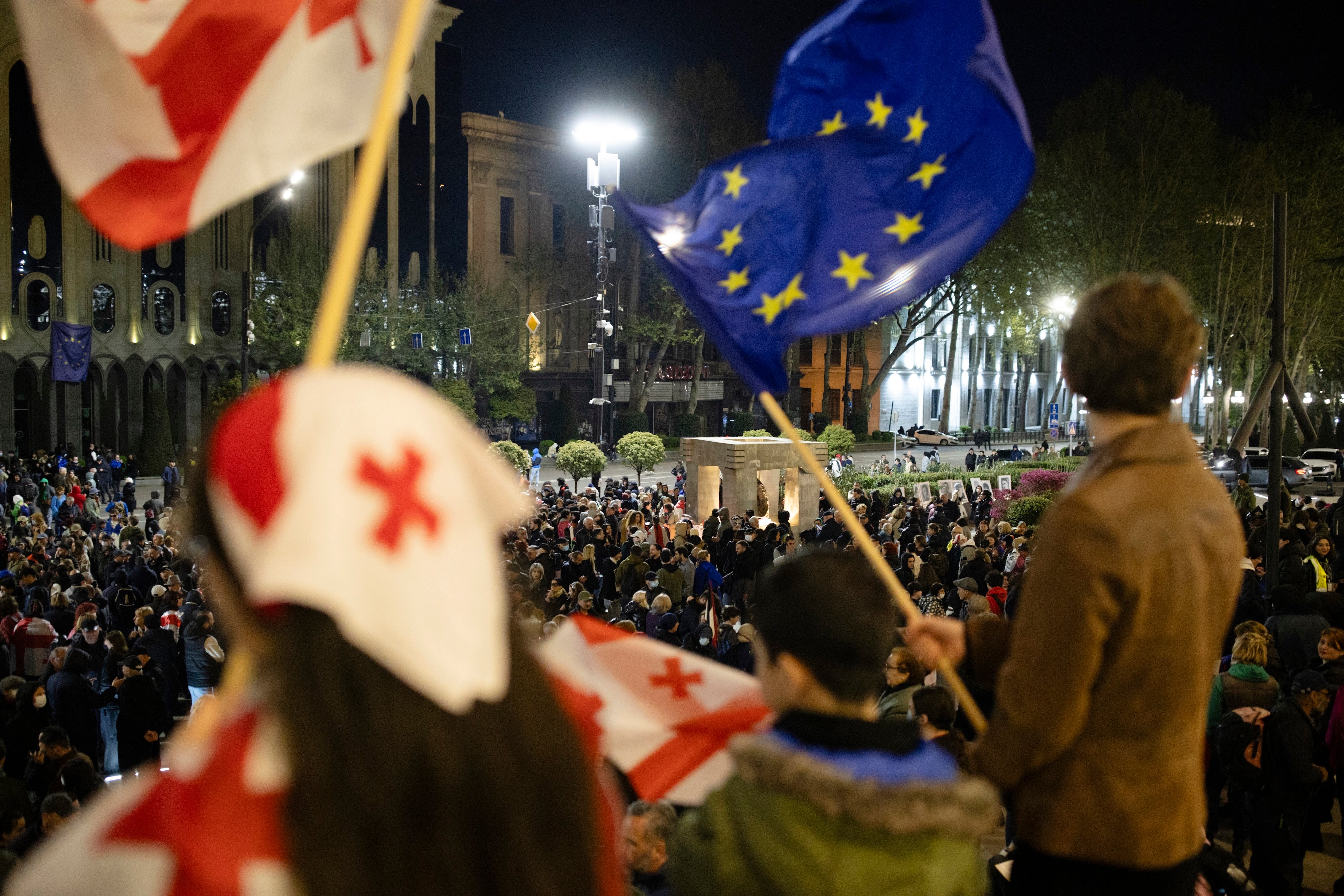 Protestors outside of Georgia’s parliament in support of those arrested at a pro-EU rally earlier, Tbilisi, Georgia, April 8, 2025.