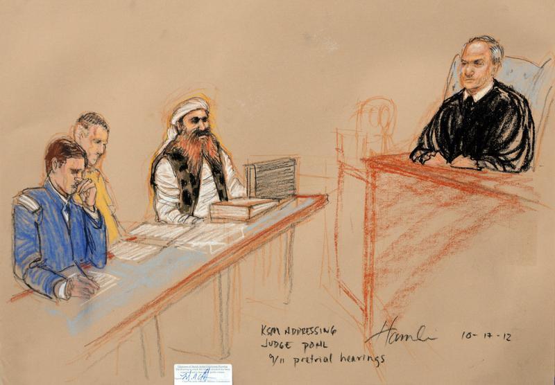 Khalid Sheikh Mohammed, (2nd R) the alleged mastermind of the September 11 attacks, addresses the judge during the third day of pre-trial hearings in the 9/11 war crimes prosecution as depicted in this Pentagon-approved courtroom sketch at the U.S. Naval 