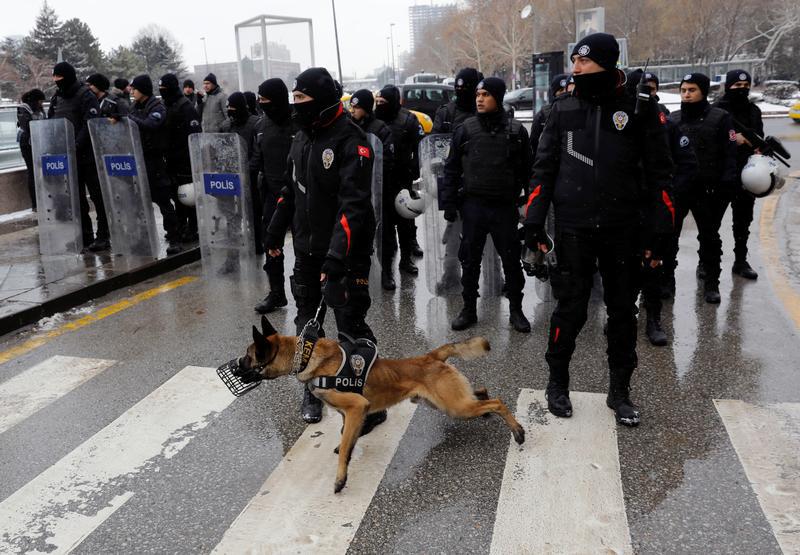 Riot police block the road to prevent protesters from marching to the Turkish Parliament as the lawmakers gather to debate the proposed constitutional changes in Ankara, Turkey, January 9, 2017. 
