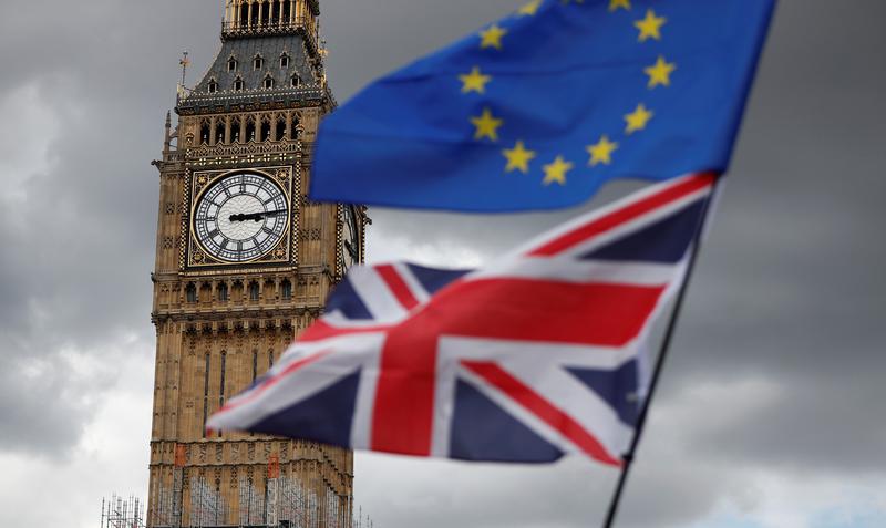 The Union Flag and European Union flag fly in Parliament Square in central London, September 9, 2017.