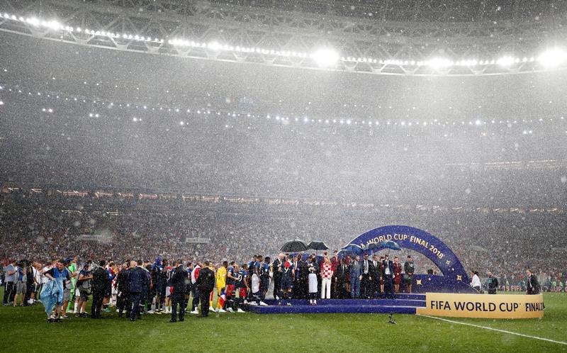 General view as Team France players are presented medals after the final game of the 2018 World Cup, Moscow, Russia, July 15, 2018. 