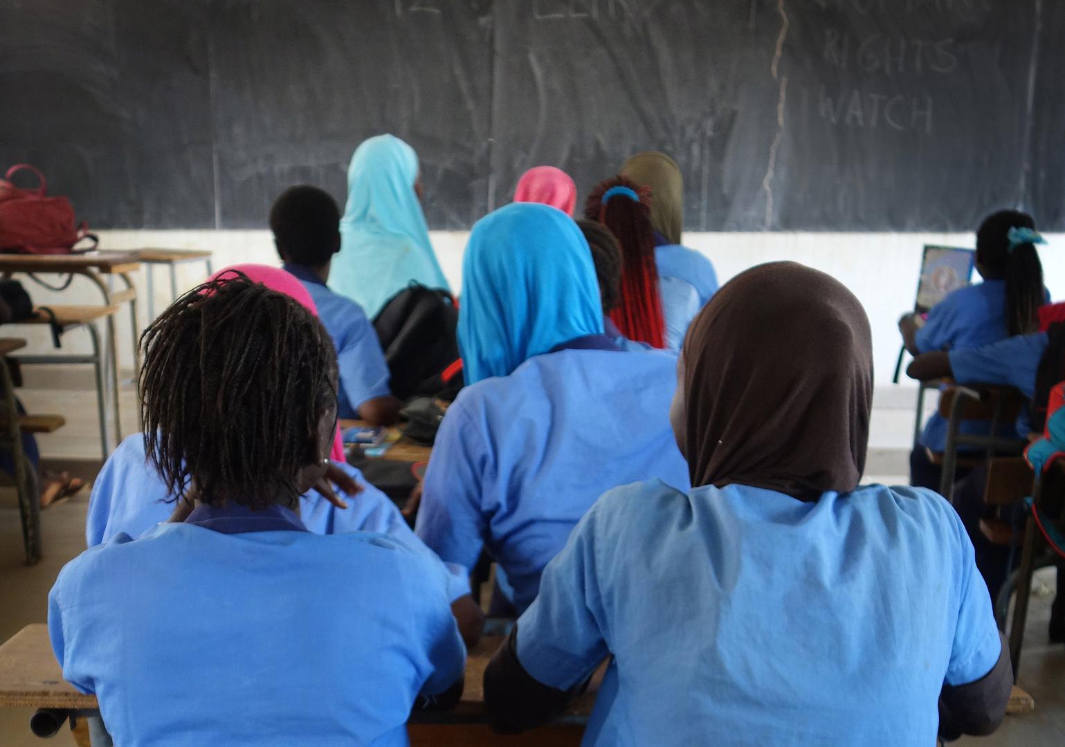 Secondary school girls in a classroom in a middle secondary school in Sédhiou, southern Senegal.