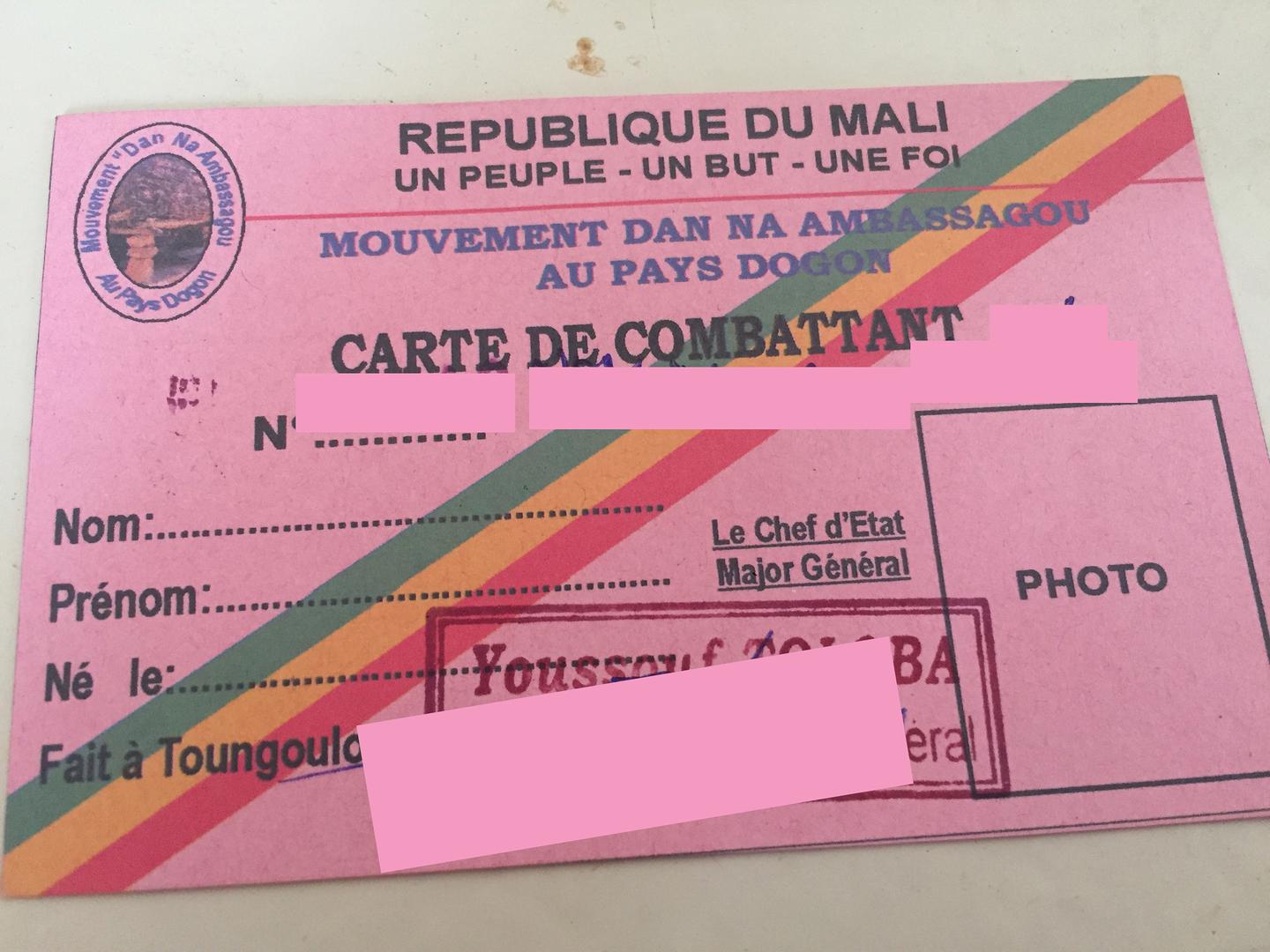 Carte d’un membre de Dan Na Ambassagou.