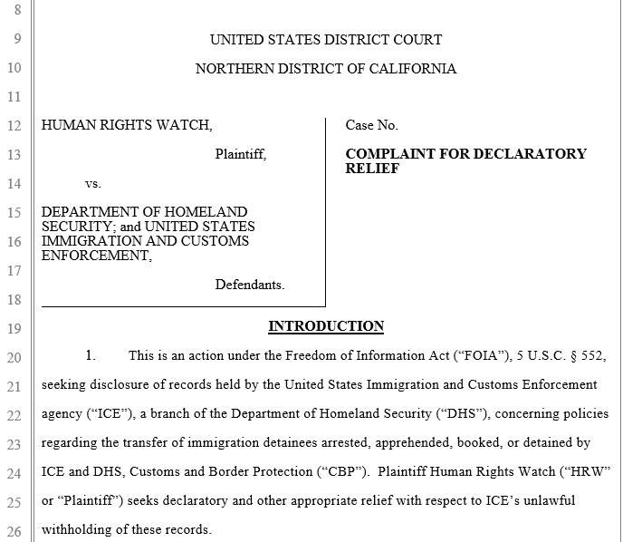 201901us_FOIALawsuit_HRWvDHS+ICE