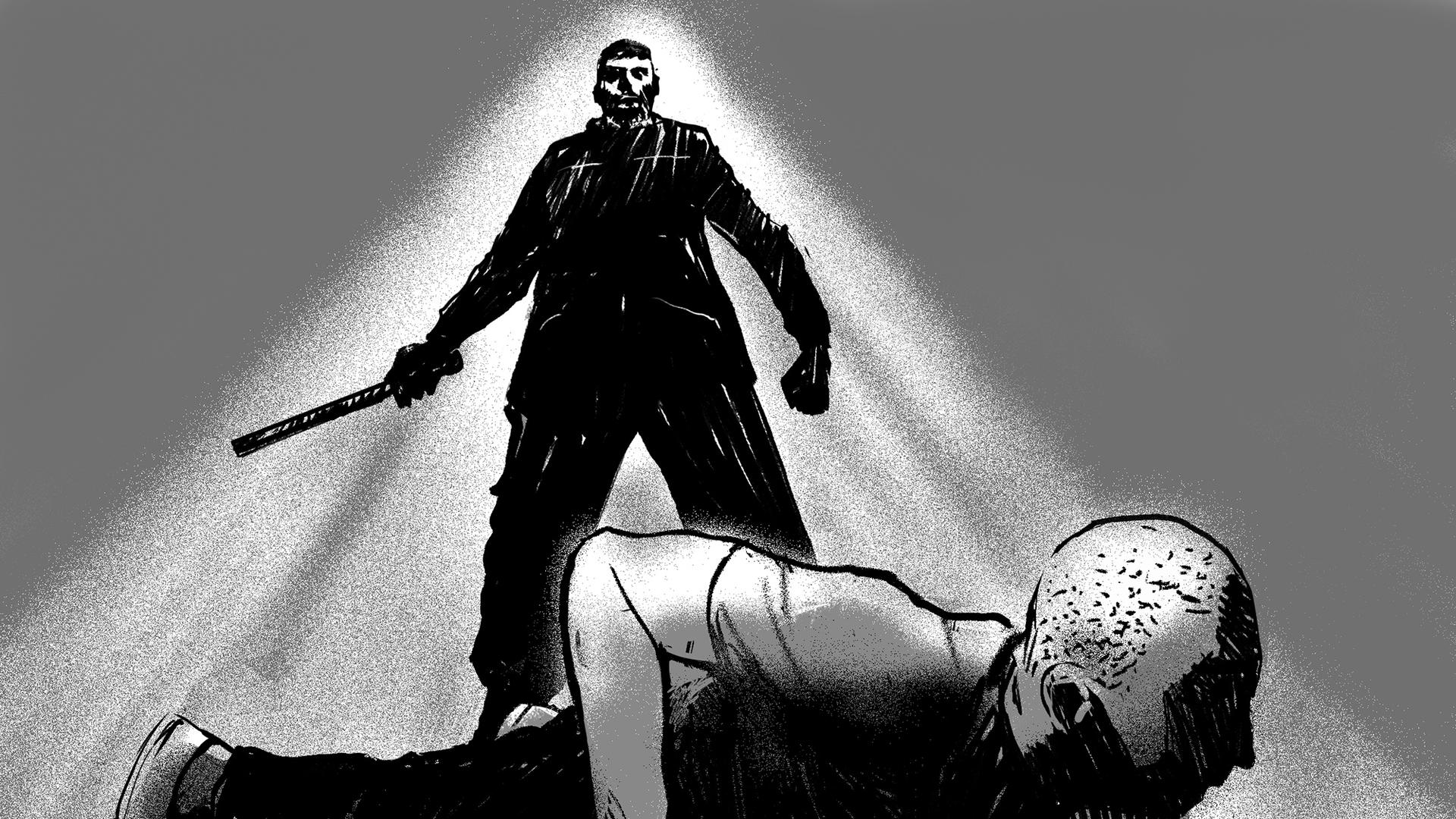 Un gardien d’un centre de détention de Grozny, en Tchétchénie, brandit son bâton au-dessus d’un détenu présumé homosexuel, allongé par terre et dont le crâne a été rasé. Illustration basée sur le témoignage de ce détenu.