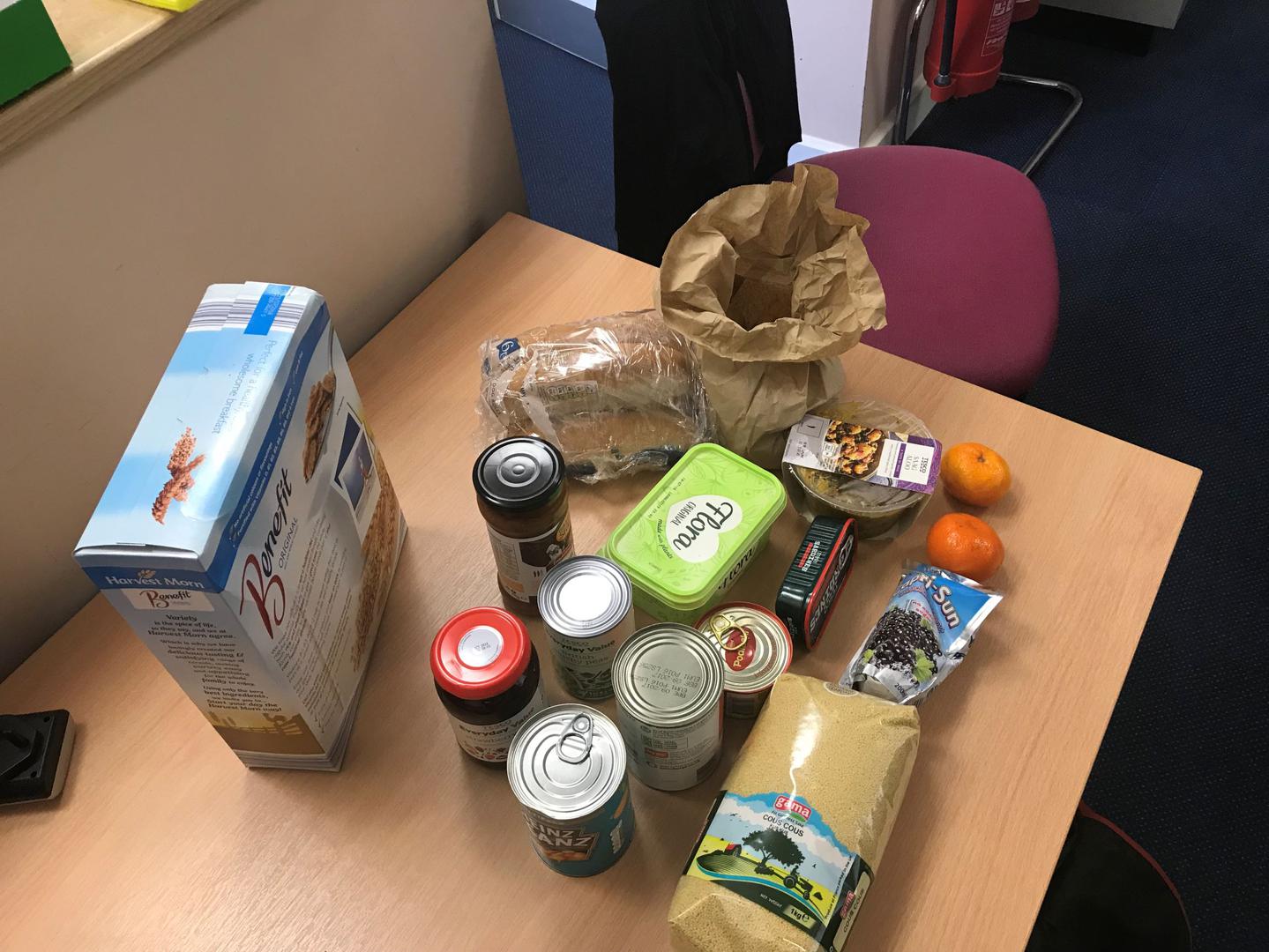 Members of the Goodwin Community Pantry can choose a limited number of low-cost items, every week for a fixed total price of £3 or £5. These are the contents of individual shopping baskets chosen by pantry users, May 2018. 