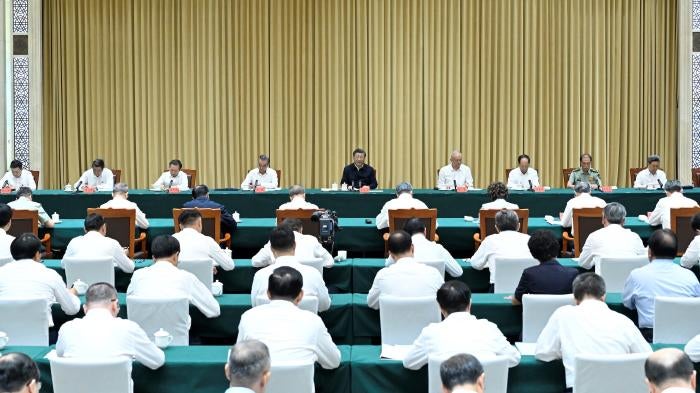 Chinese President Xi Jinping delivers a speech in Urumqi, in northwest China's Xinjiang Uygur Autonomous Region, August 26, 2023. 